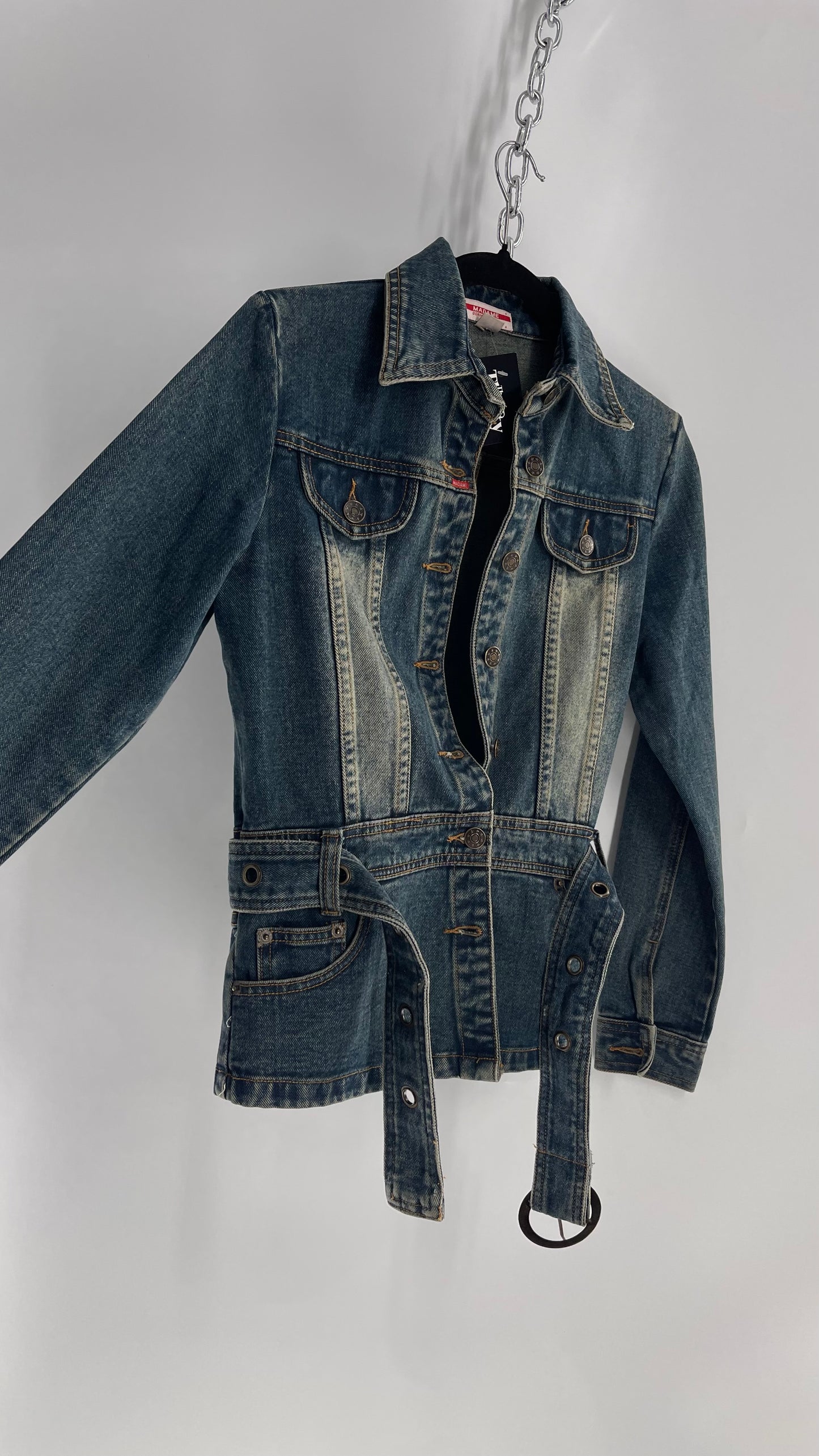 Vintage Madame Denim Culture Medium Wash Fade Jacket with Waist Belt and Back Pocket Details (Medium)