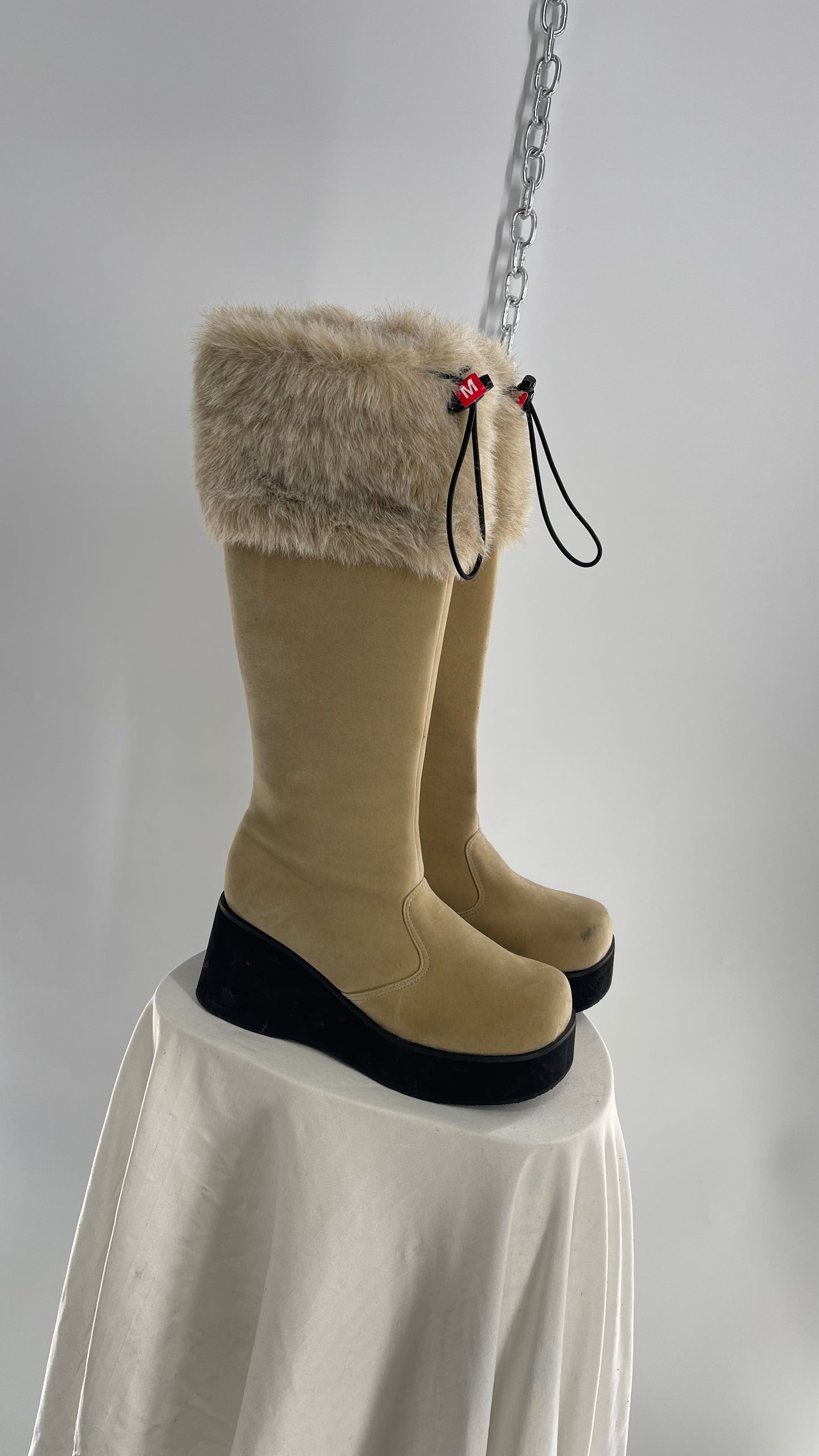 Vintage Faux Fur Trim Tan Platform Wedge Knee High Boots (6)