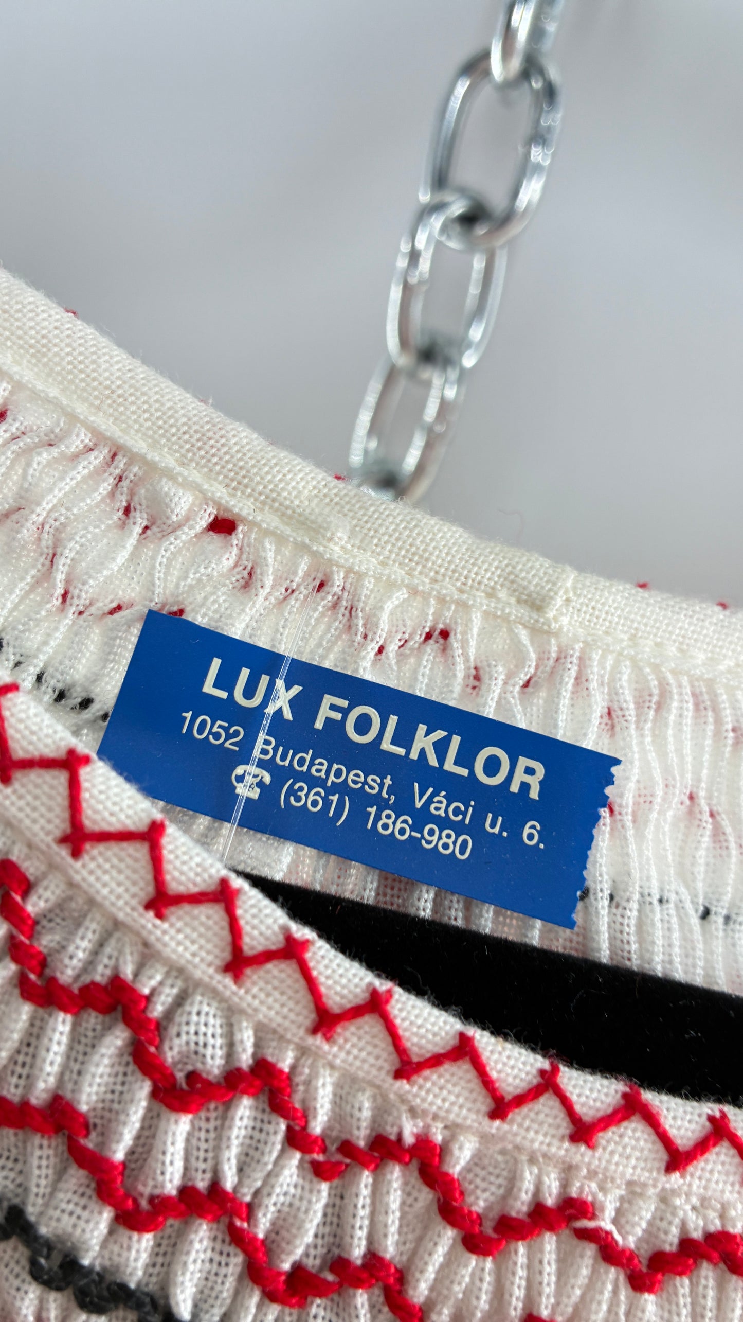 Vintage 1970s LUX FOLKLOR Budapest Handmade Cotton Long Sleeve and Skirt Covered in Red Embroidery and Stitching