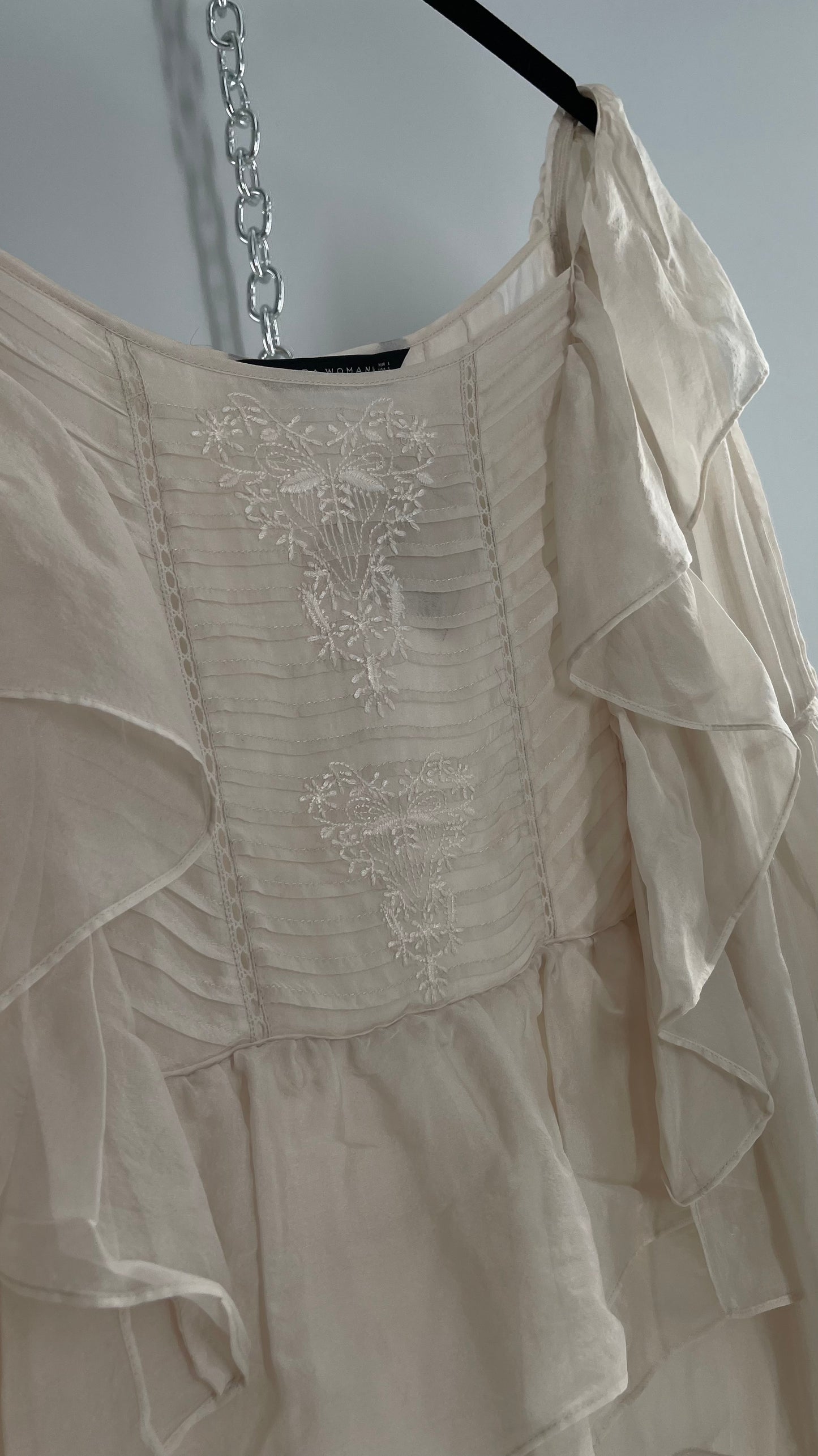 ZARA Ruffled and Embroidered Bell Sleeve Blouse (Large)