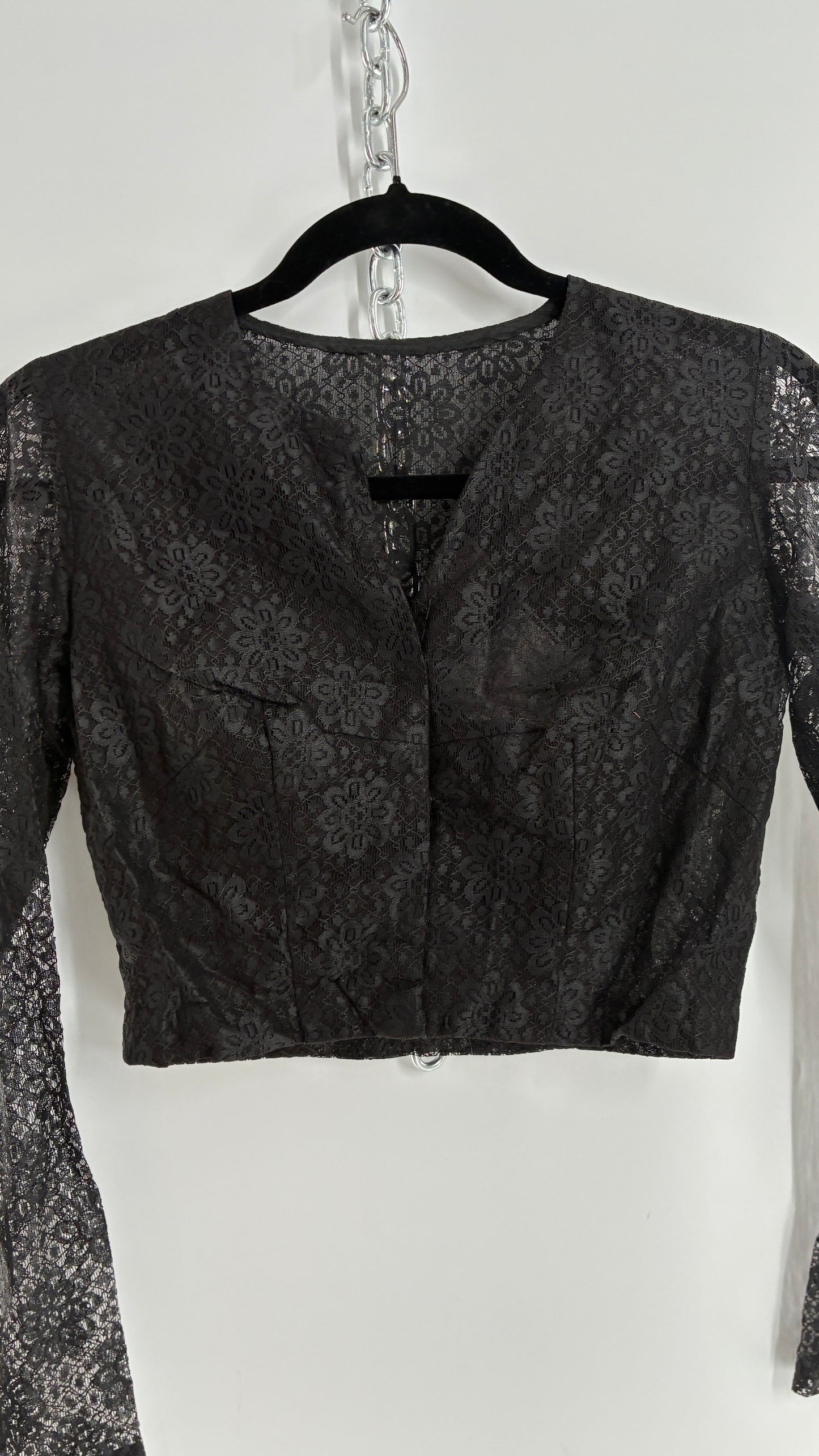 Vintage 1950s Ladies Own Black Lace Cropped Long Sleeve with Bust Stitching (Small)