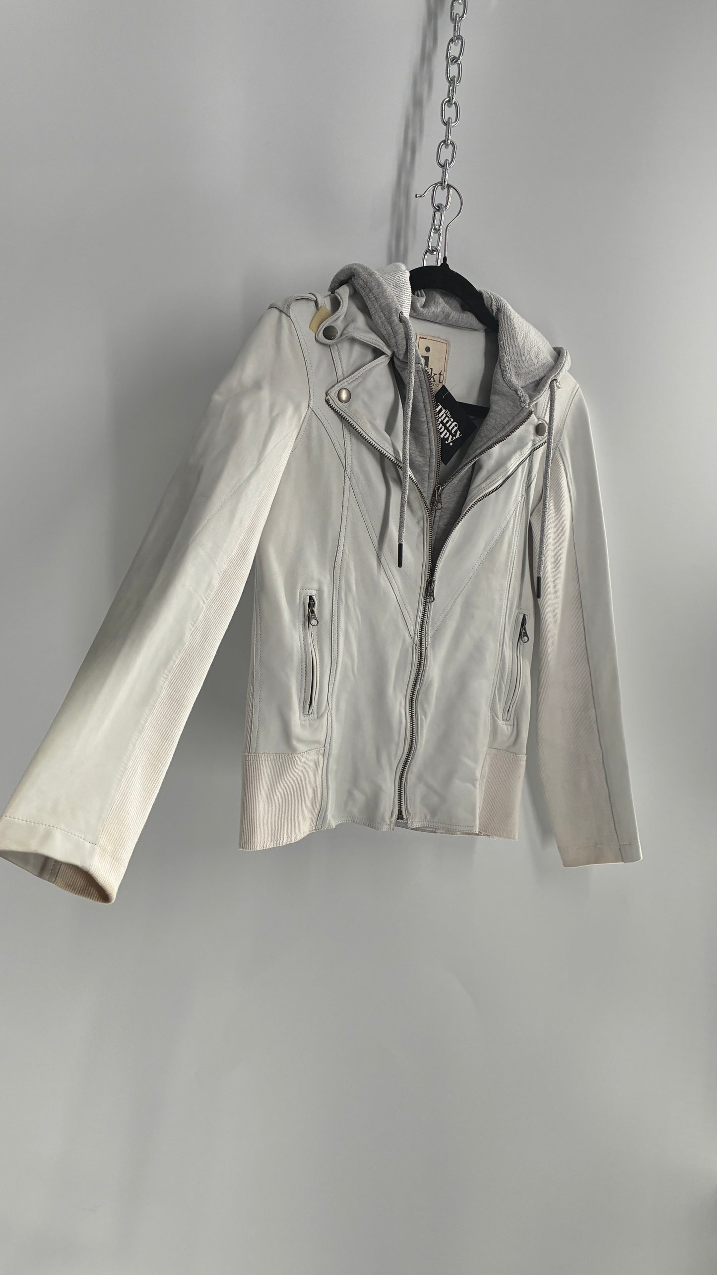 Jakett White Molly Burnished White Genuine Leather Double Layer Moto Jacket with Removable Grey Hoodie Insert (XS)