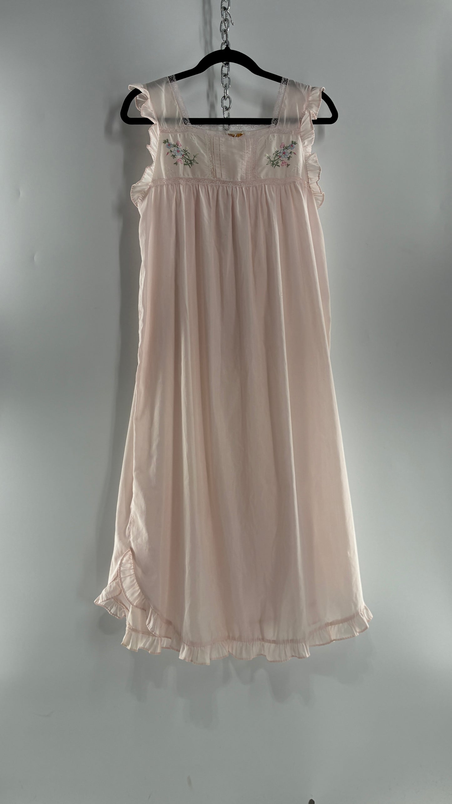 Vintage Barbarie Baby Pink Nightgown Style Dress with Embroidered Florals and Ruffled Straps