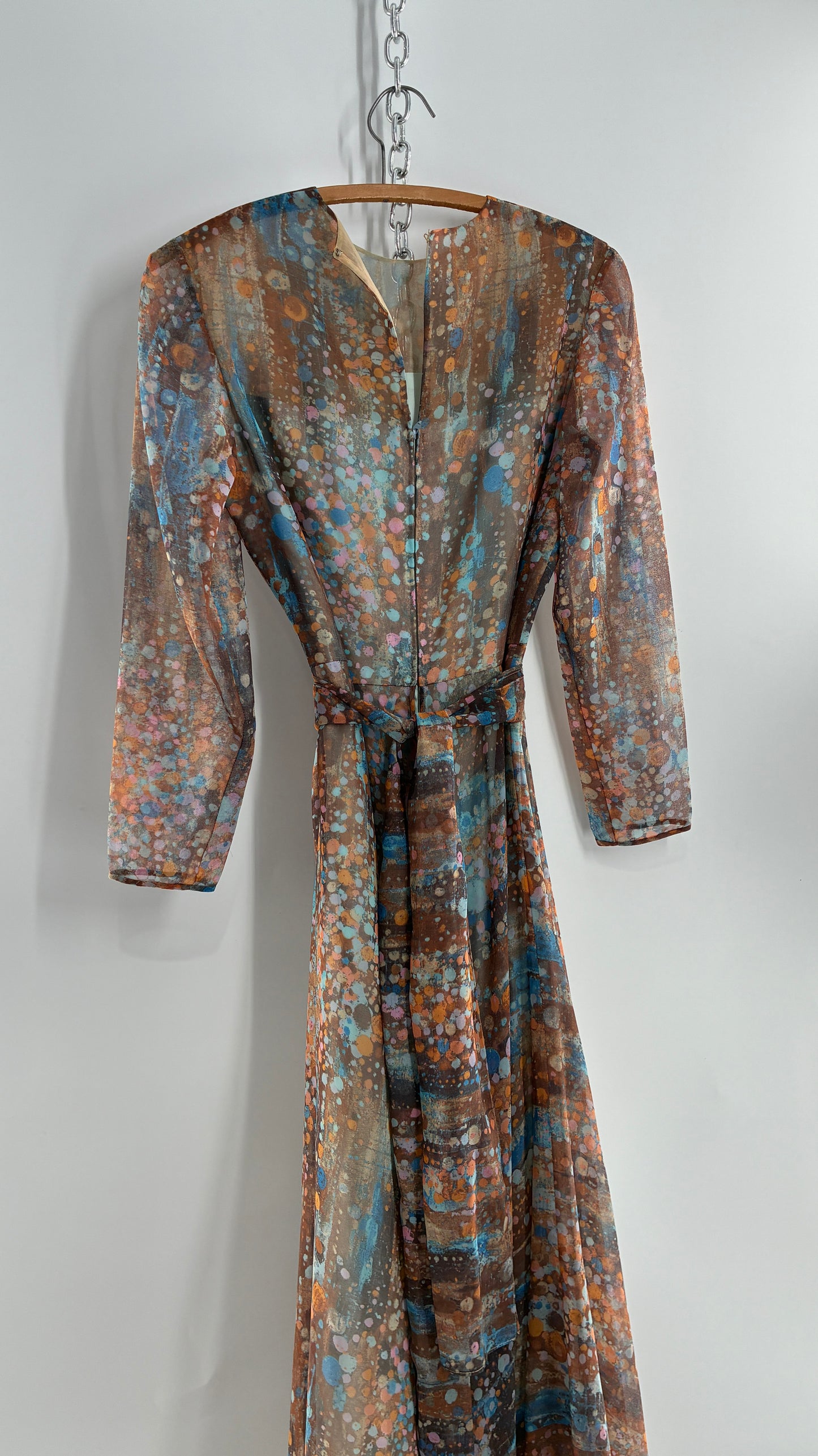 Vintage 1970s HELEN BASS Brown, Orange, Blue Voluminous Maxi Dress (S)