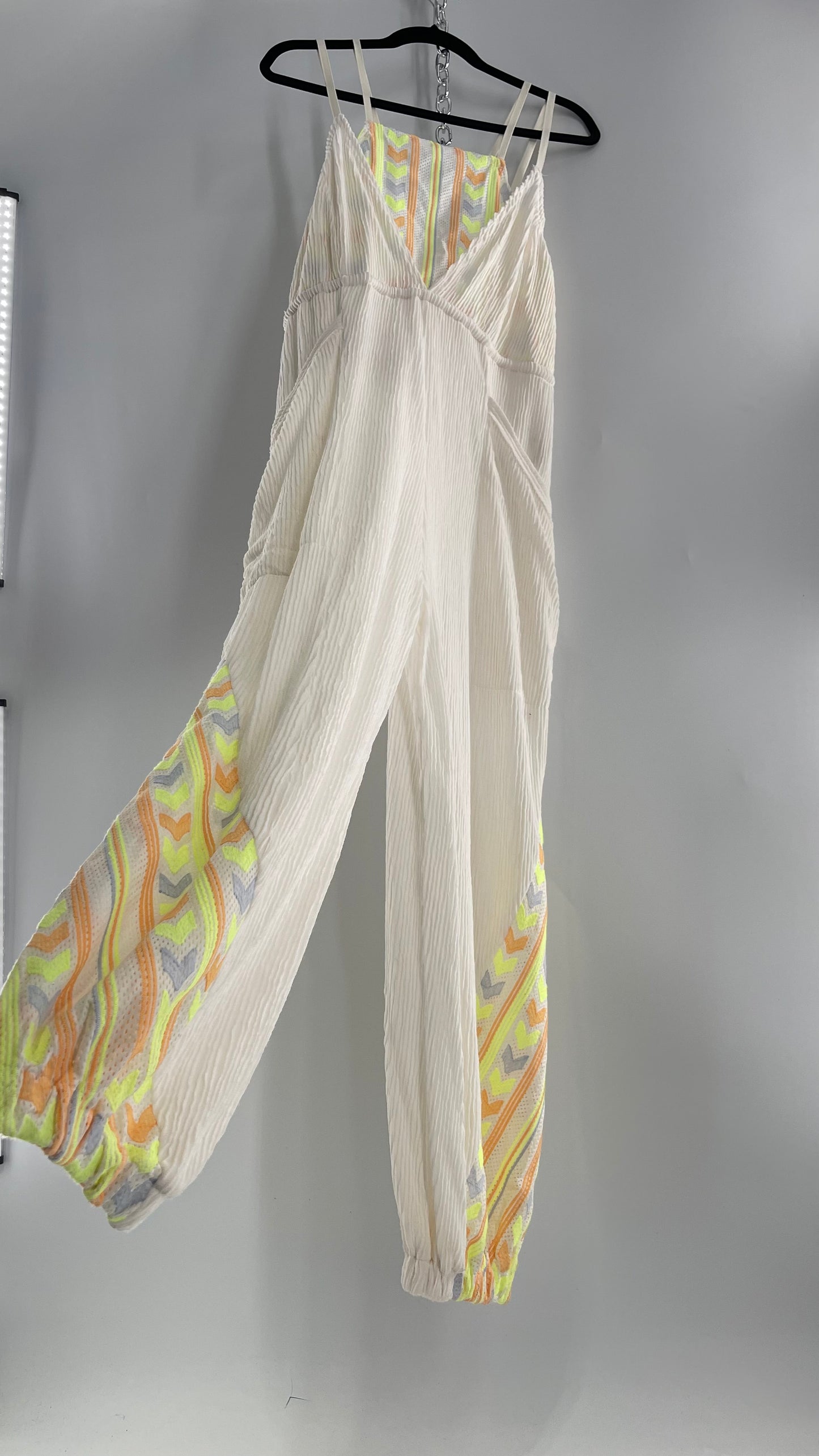 Free People Movement Cream Ribbed Jumpsuit with Yellow/Orange Embroidered Details and Waist Cinching Drawstring (Small)