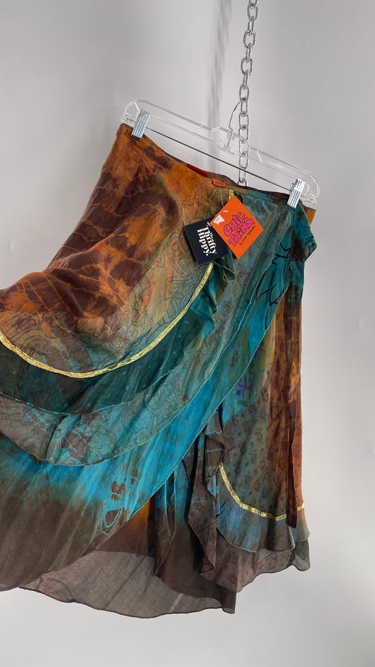 CHIC THING 100% Silk Blue/Brown Tie Dye Tie Around Skirt (S)