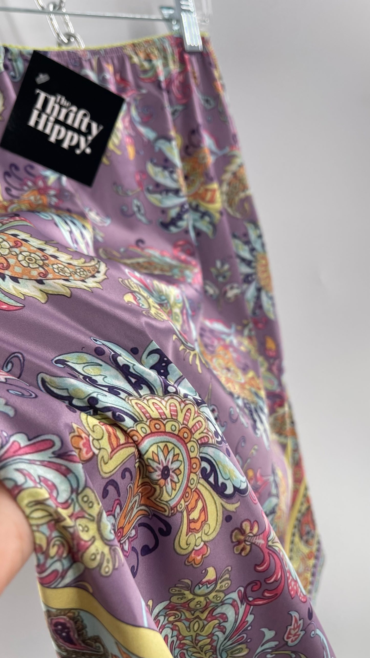 Urban Outfitters Lavender Satin Paisley Handkerchief Hem Skirt with Light Green Ribbon Waistline (Small)