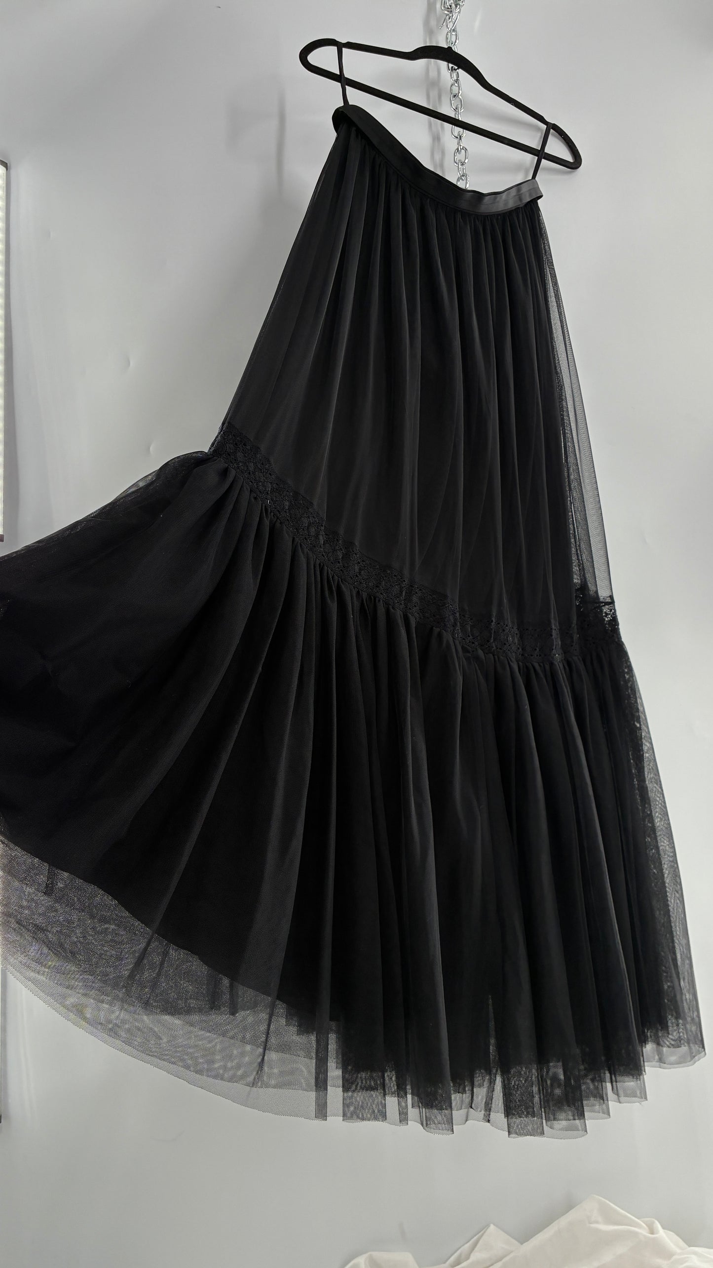 Needle & Thread Voluminous Black Multi Layer Mesh Full Length Skirt with Ribbon Waistline with Tags Attached (10)