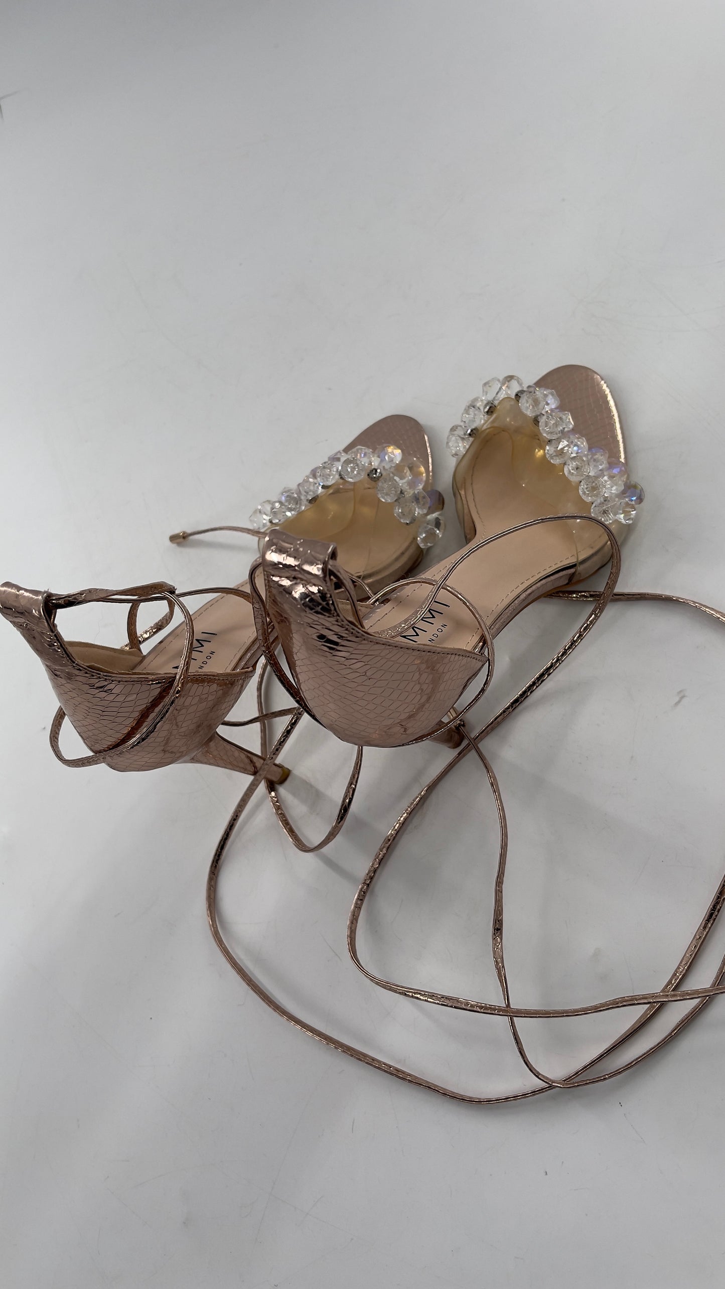 SIMMI LONDON Rose Gold Textured Heels with Clear Toe Strap Covered in Rhinestones/ Crystal Pendants and Tie Up Ankle Straps (7)