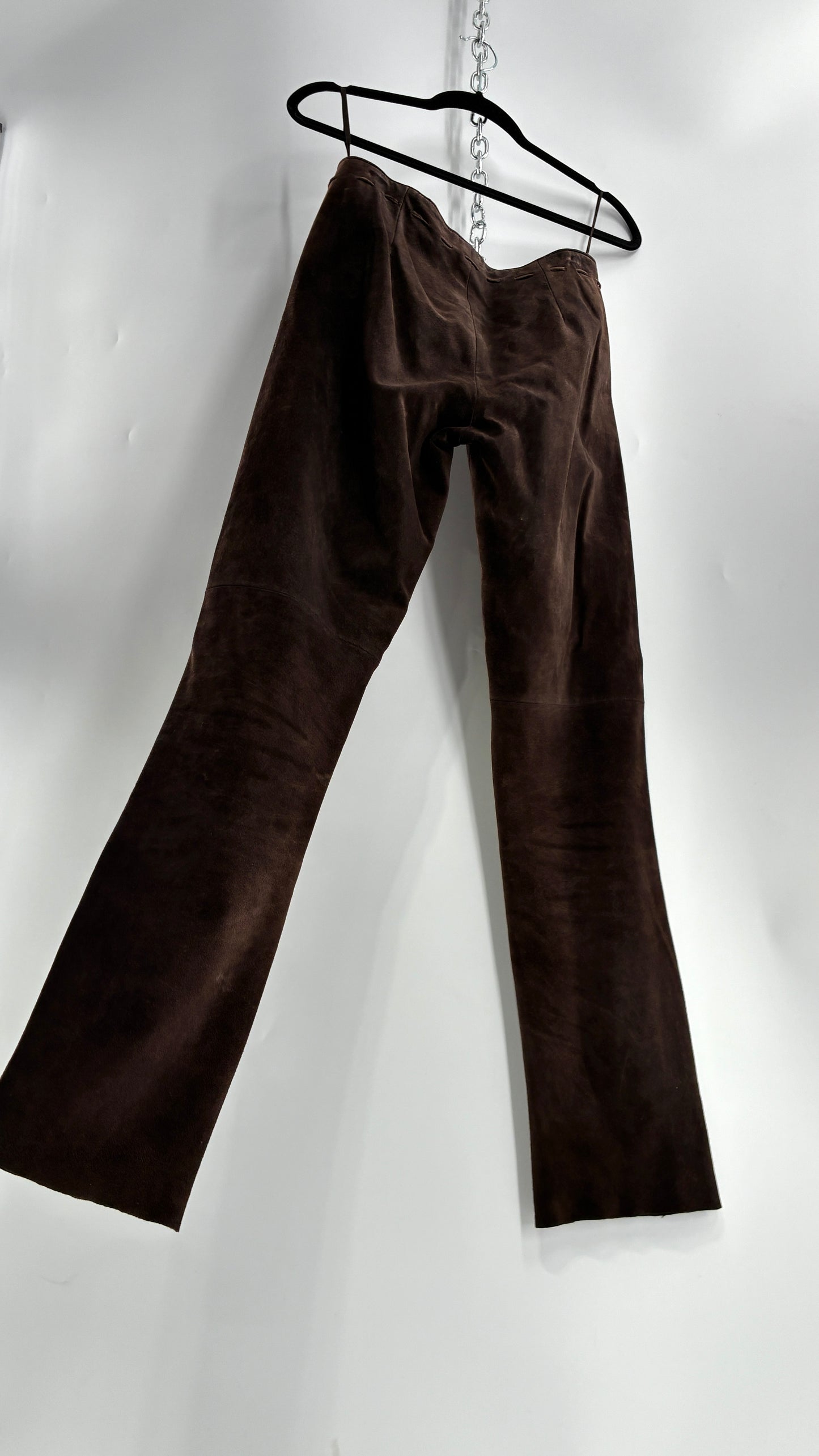 Vintage FOR JOSEPH Low Rise, Chocolate Brown Suede Pants with Leather Stitch Sides and Bow Closure (28)
