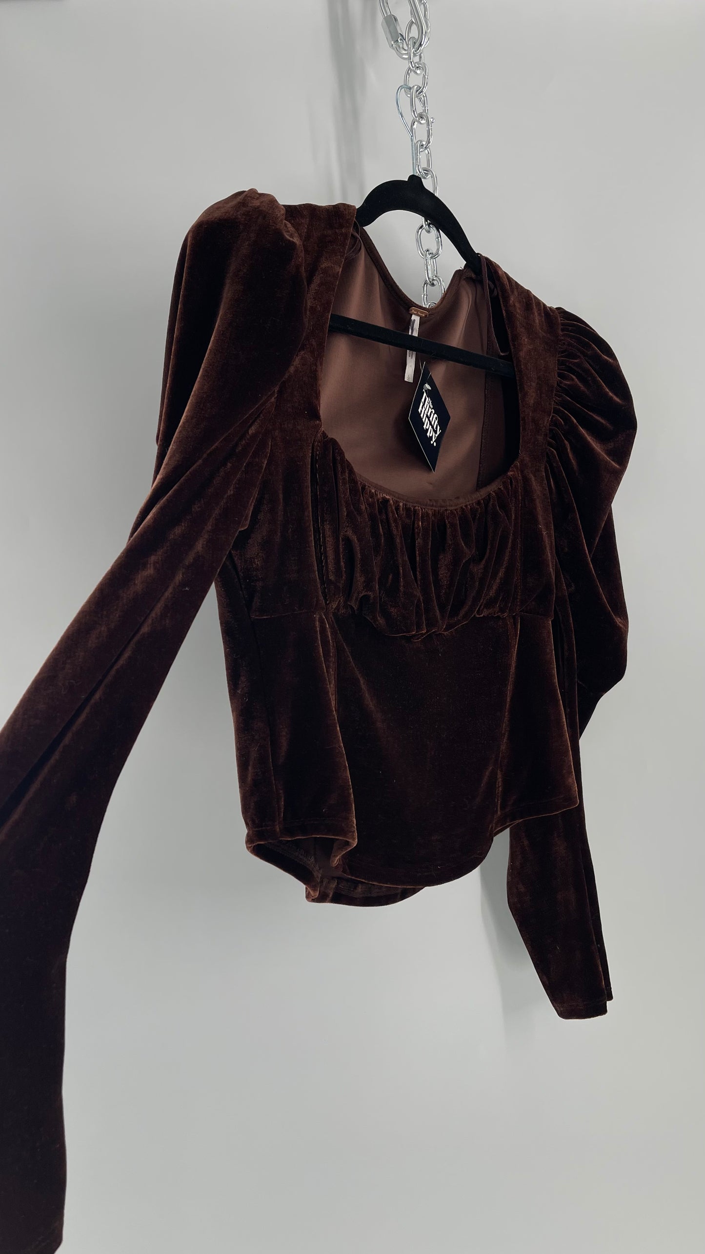 Free People Dark Brown Velvet Long Sleeve Cropped Blouse with Milkmaid Neckline and Renaissance Puff Shoulder (Large)