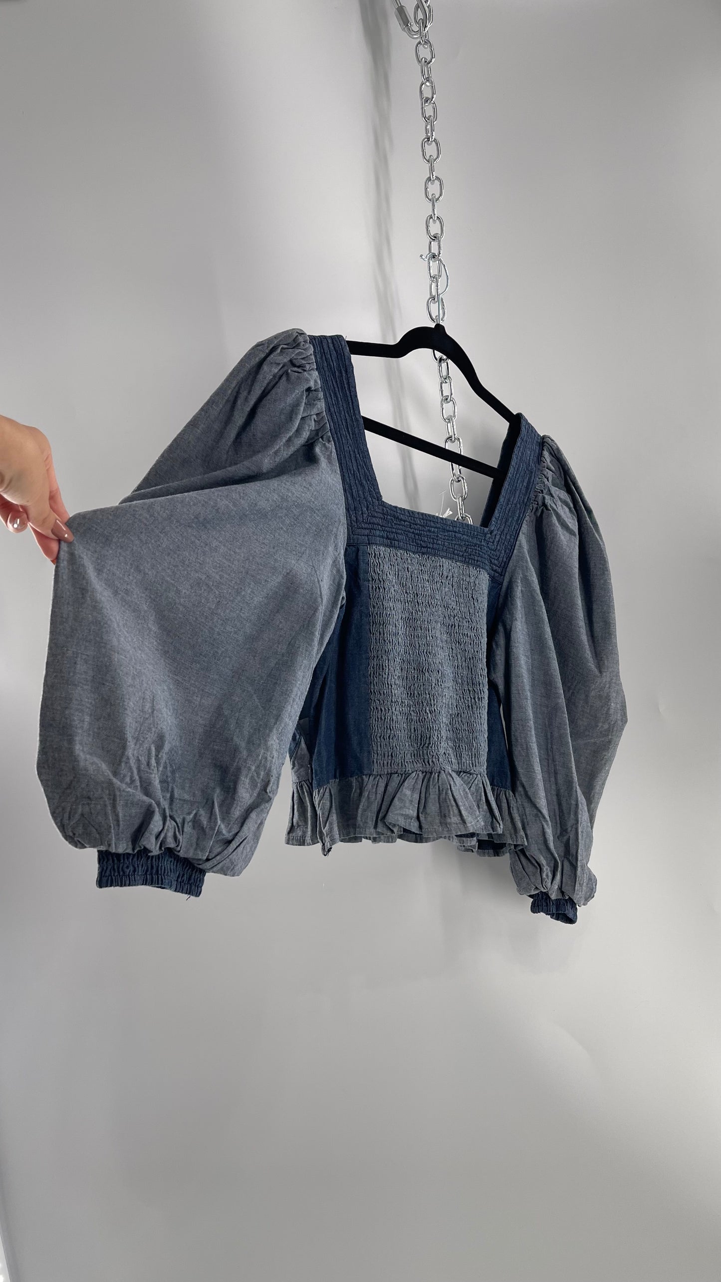 Love the Label ANTHROPOLOGIE Chambray, Chevron, Denim Smocked Blouse with Dramatic Sleeves and Tags Attached (Small)
