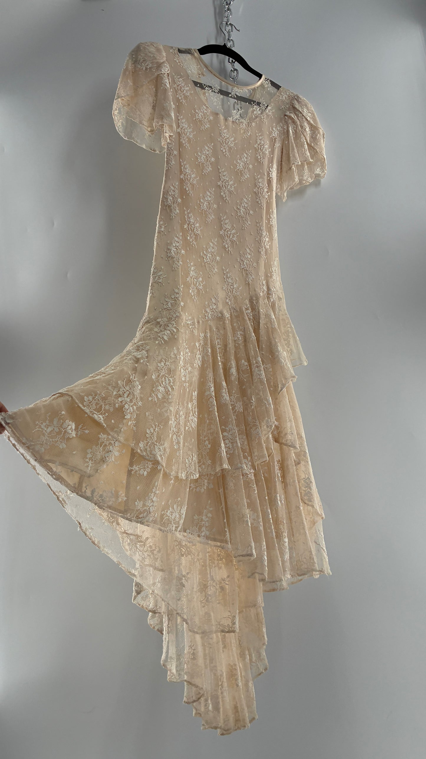 Vintage Ivory Lace Gown with Petal Sleeves, Tiered Hemline (5/6)