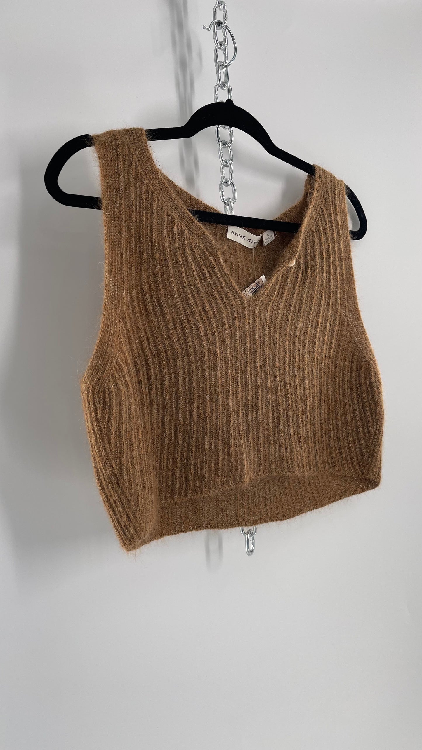 Vintage Anne Klein 42% Mohair Tan Knit Tank with Gold Tinsel (Large)