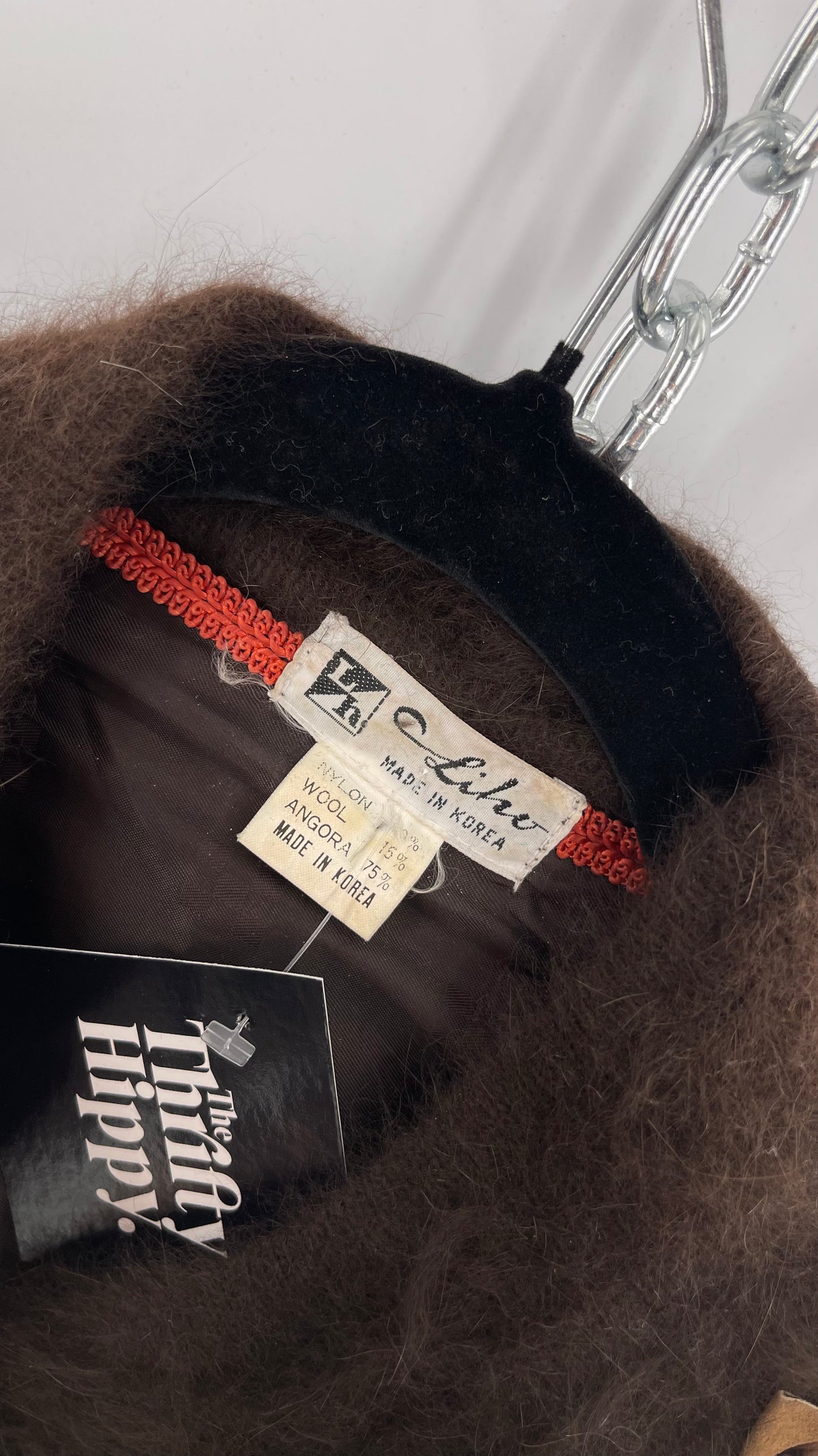 Liho Korean Vintage Brown Cardigan with Leather, Fur and Beaded Detailing 15% Wool 75% Angora  (C)(Medium)