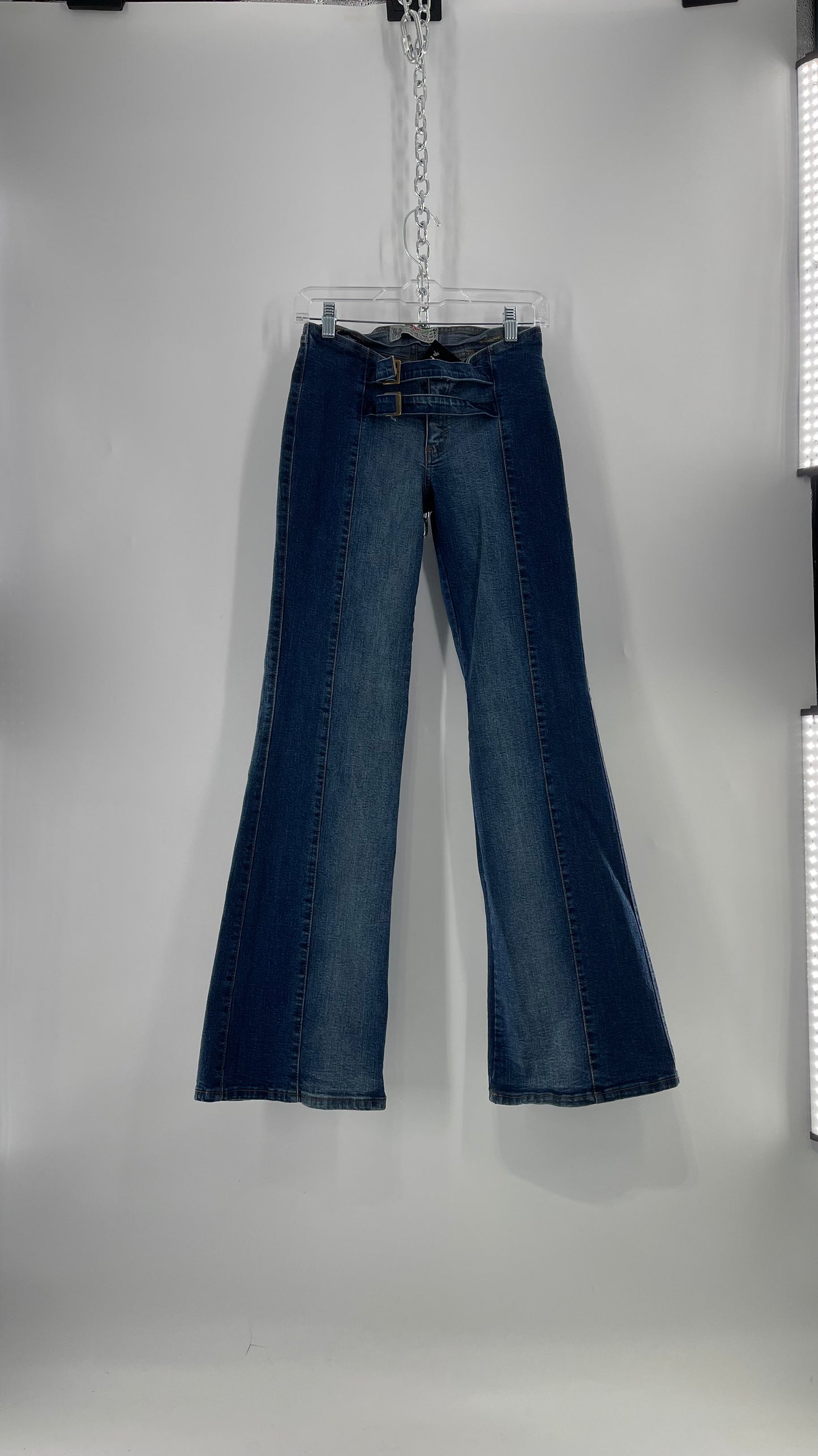 Vintage NewMax Two Toned Paneled Brazilian Jeans with Buckle Jean Strap Closure and Flared Hem (8)