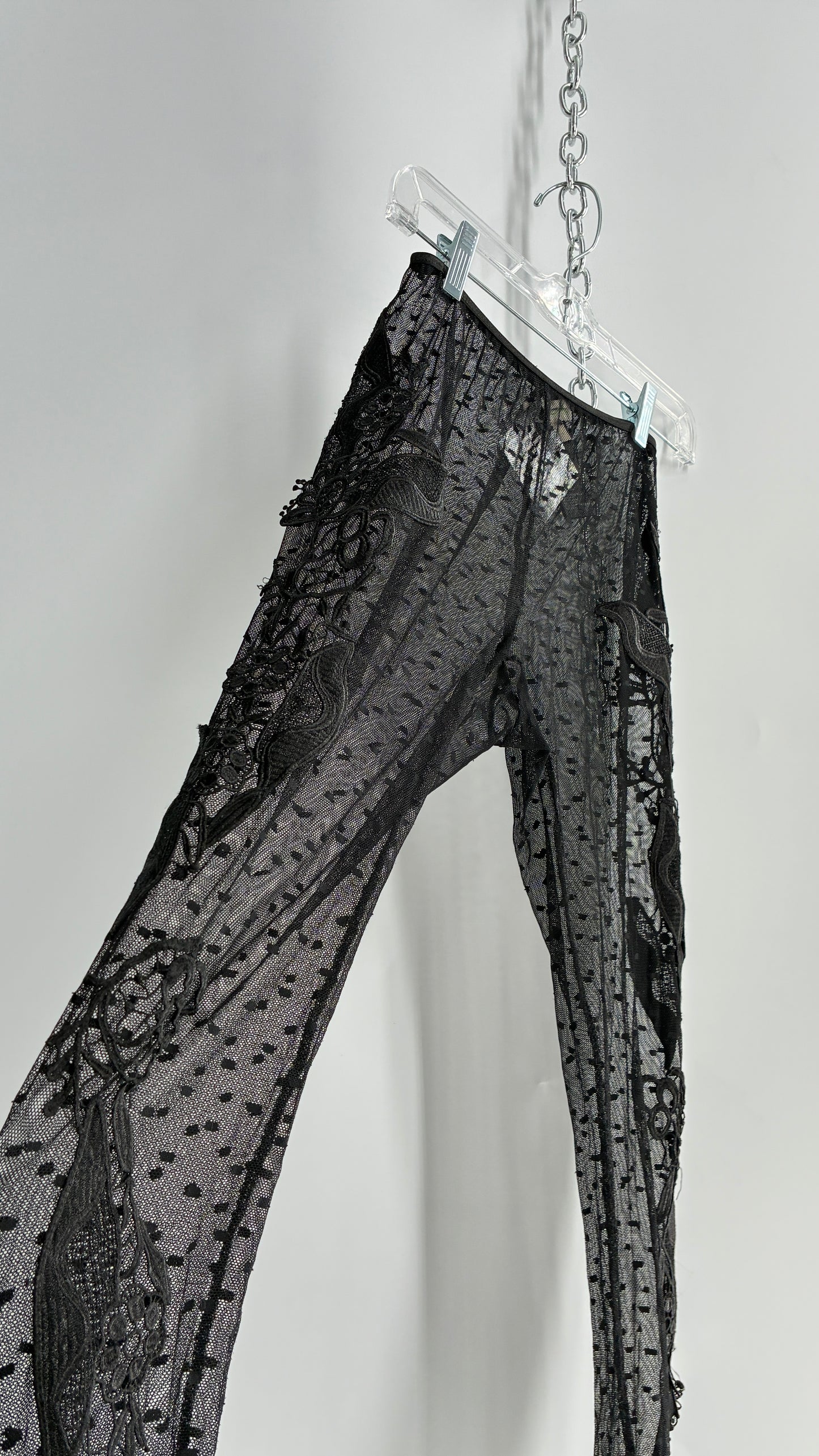 Staring at Stars Black Sheer Footless Tights with Lace Appliqué Design on Both Legs (XS)