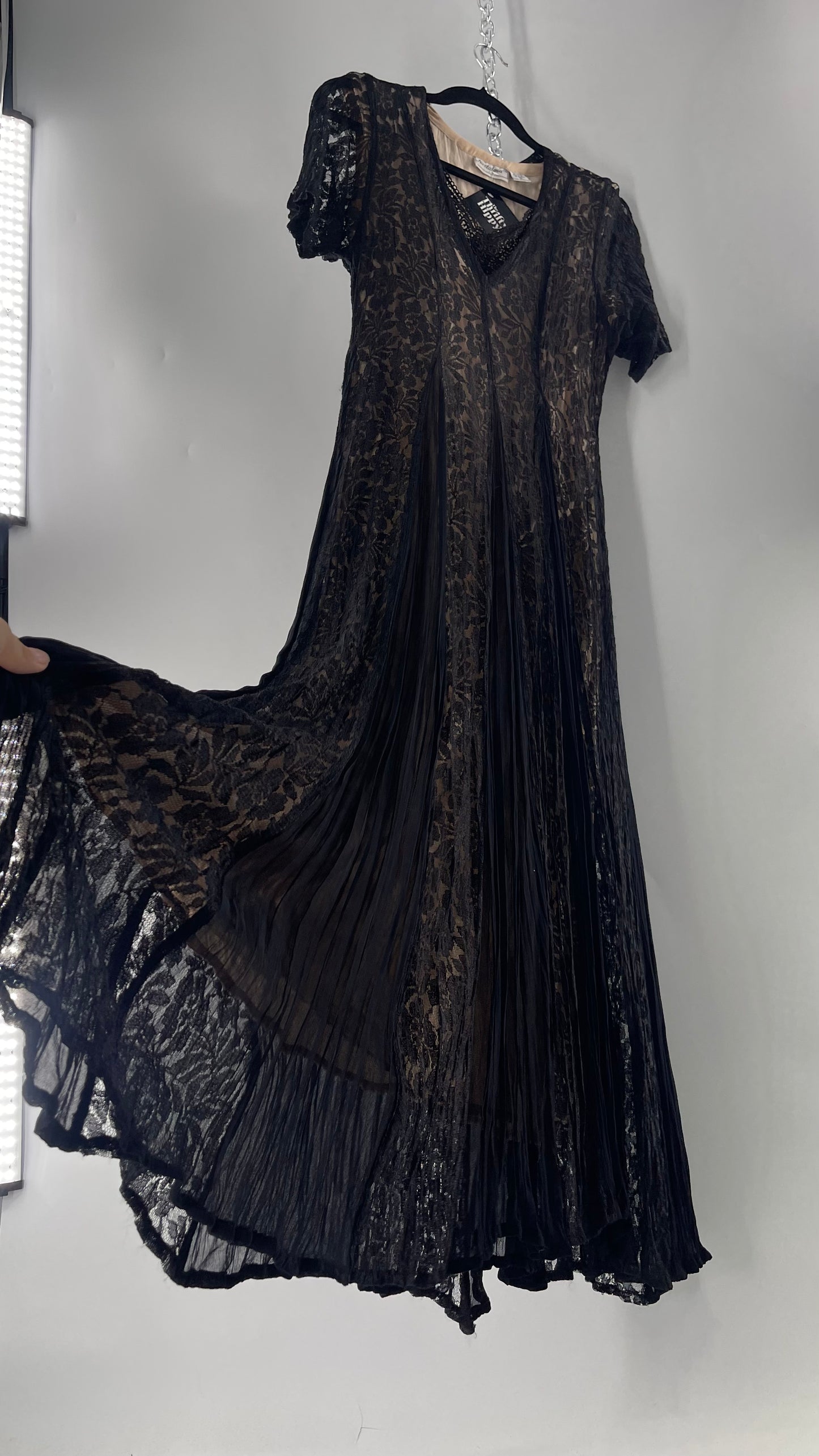 Nostalgia Vintage Black Lace Gown with Pleated Vents and Beige Underlay (Small)