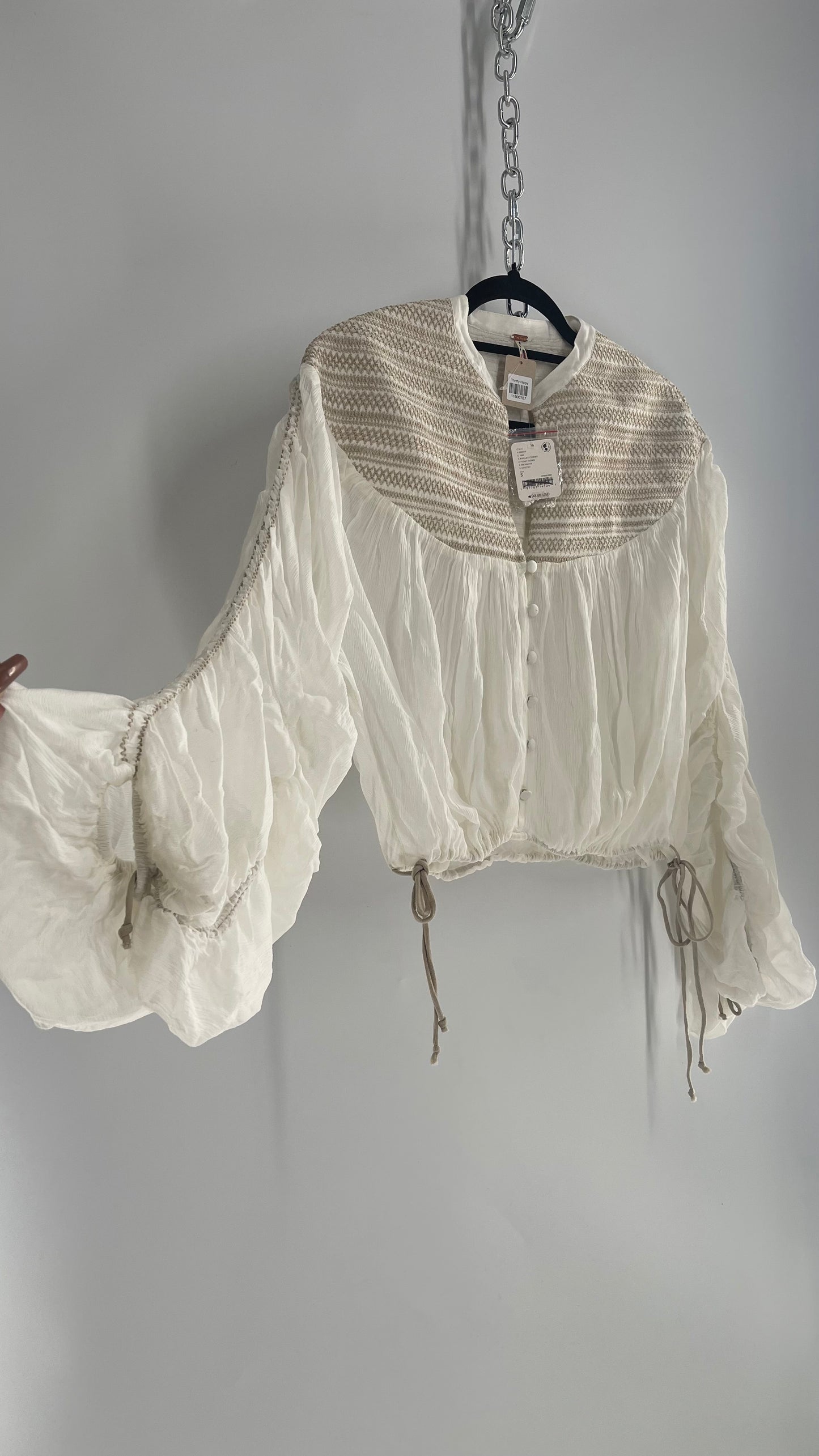 Free People Off White Draped Sleeve Button Front Embroidered Neckline Blouse with Tags Attached (Small)