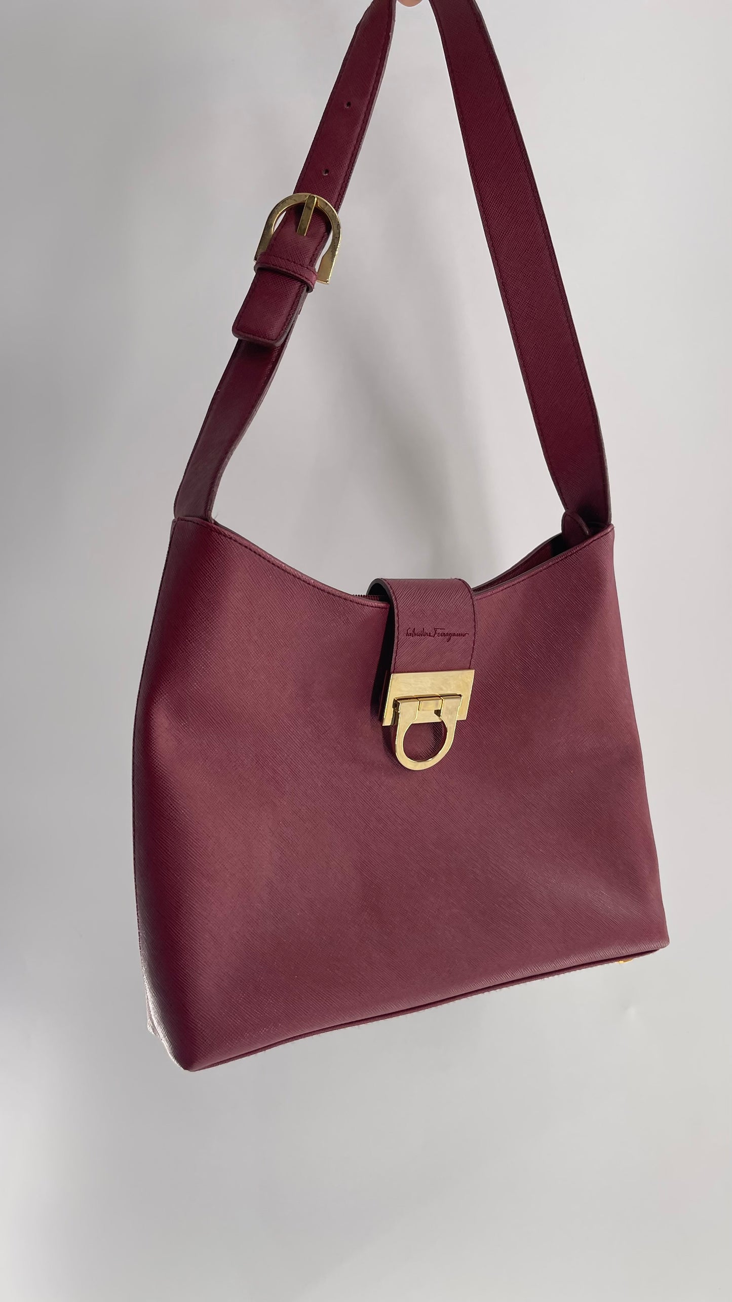 Vintage Salvatore Ferragamo Maroon Red Pocketbook Bag with Gold Hardware
