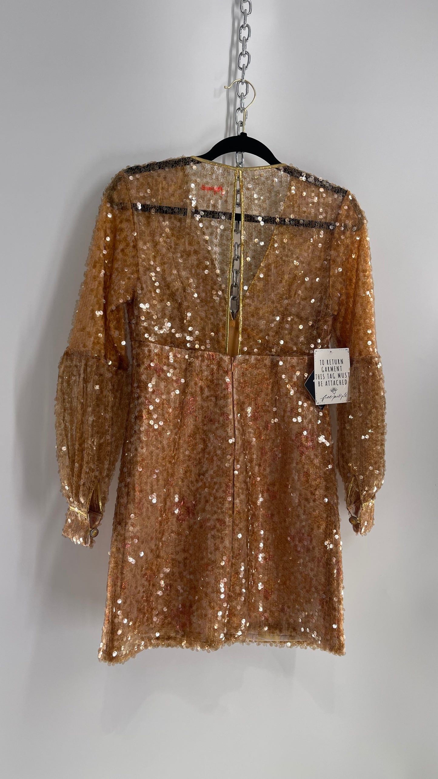 Free People Tapestry Underlay and Gold Sequin Overlay A-Line Mini Dress with Bubble Sleeves
(0)