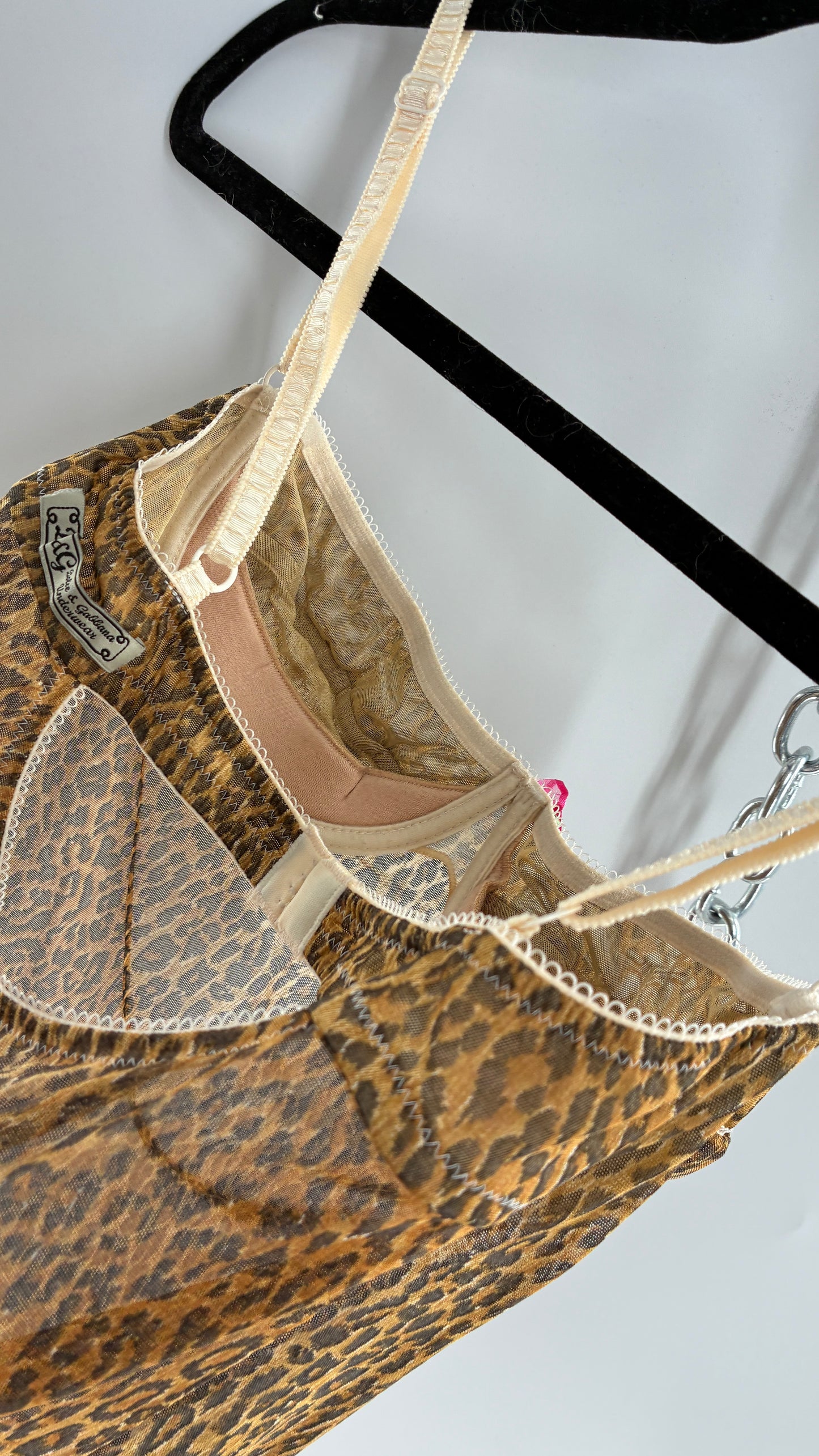 Vintage 1990s Dolce & Gabanna Cheetah Mesh Babydoll Camisole with Underwire Ruched Bust, Rosette and Branded Appliqué Tag (Large)