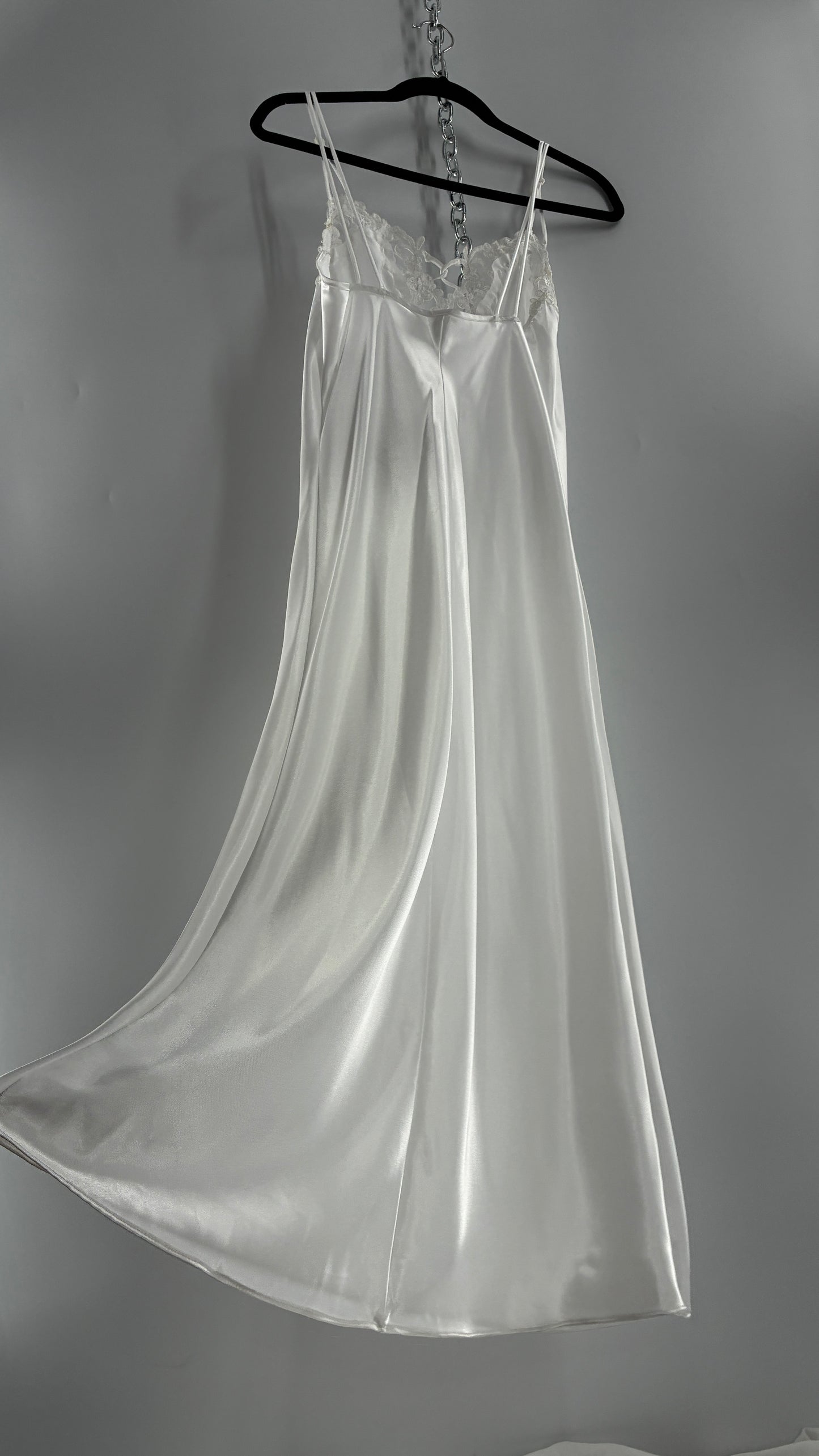 Vintage California Dynasty White Glossy, Silky Night Gown Style Dress with Sequined Lace Bustline (Small)