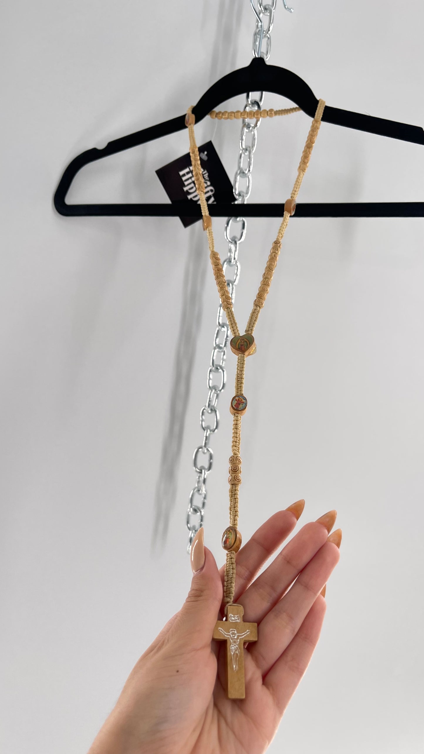 Vintage Beige Toned Rope Rosary Necklace Prayer Beads