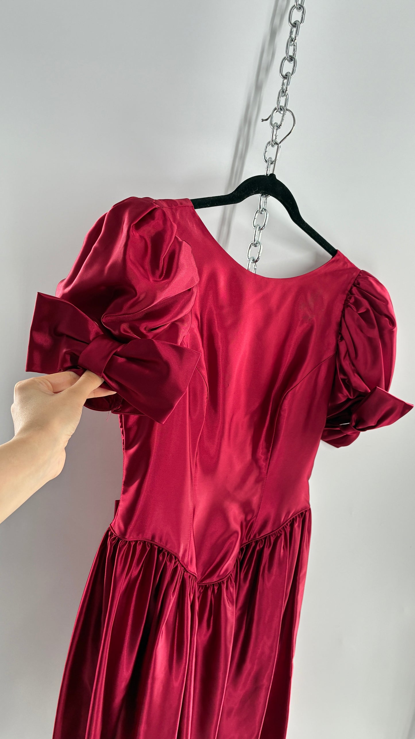 Vintage Red Silky Satin Corset Style Dress with Sweetheart Neckline, Puff Sleeves, Oversized Bow Bum, Open Back and Draping Pearls (10P)