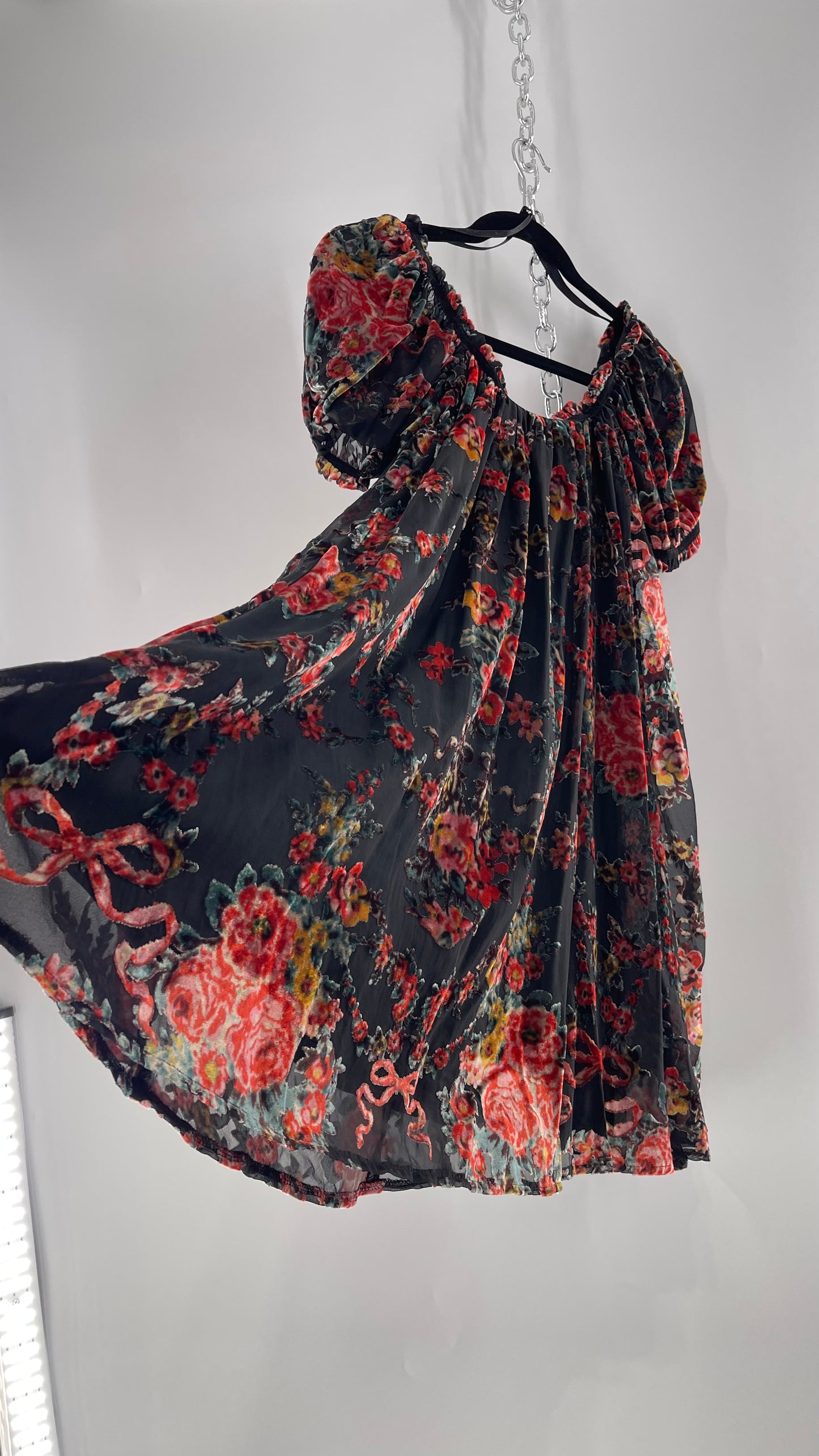 Free People Beautiful Blooms Velvet Florals Babydoll Dress (Small)