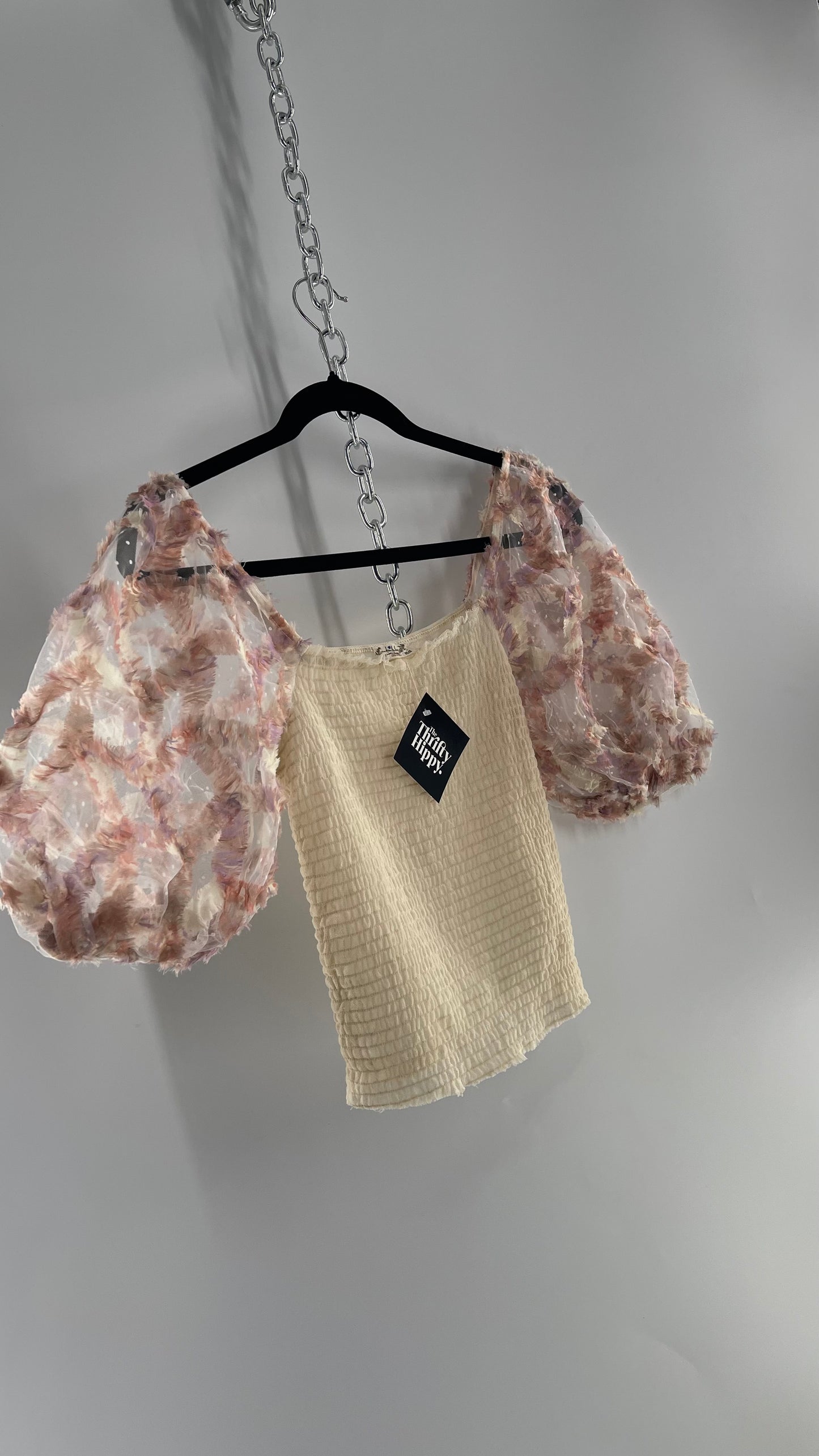 Free People Flower Girl Delicate Romantic Puff Sleeve Top with Smocked Mesh Body (Small)