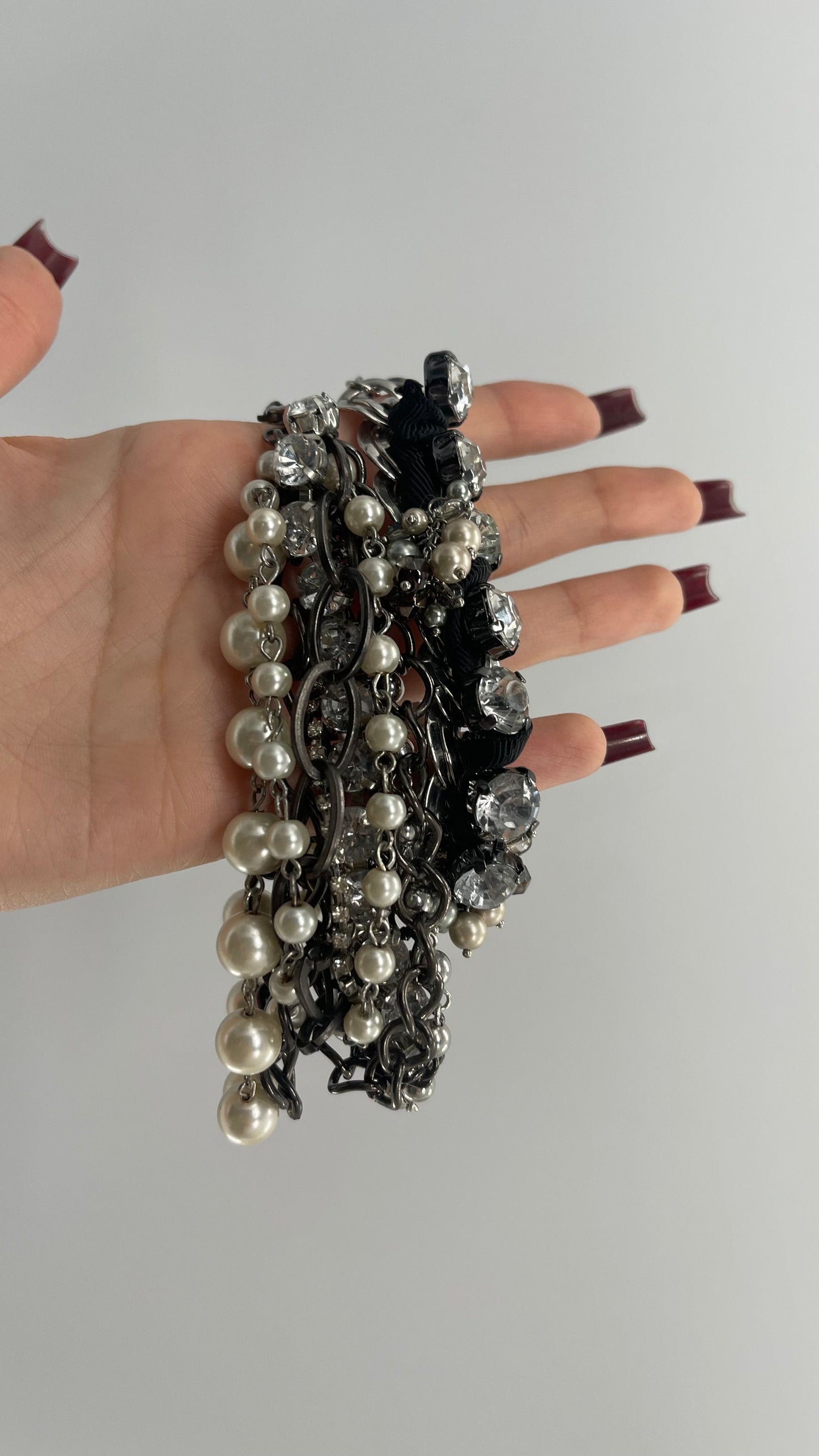 Vintage Heavy Layered Pearl Gunmetal Chain and Oversized Rhinestone 2pc Bracelet Set