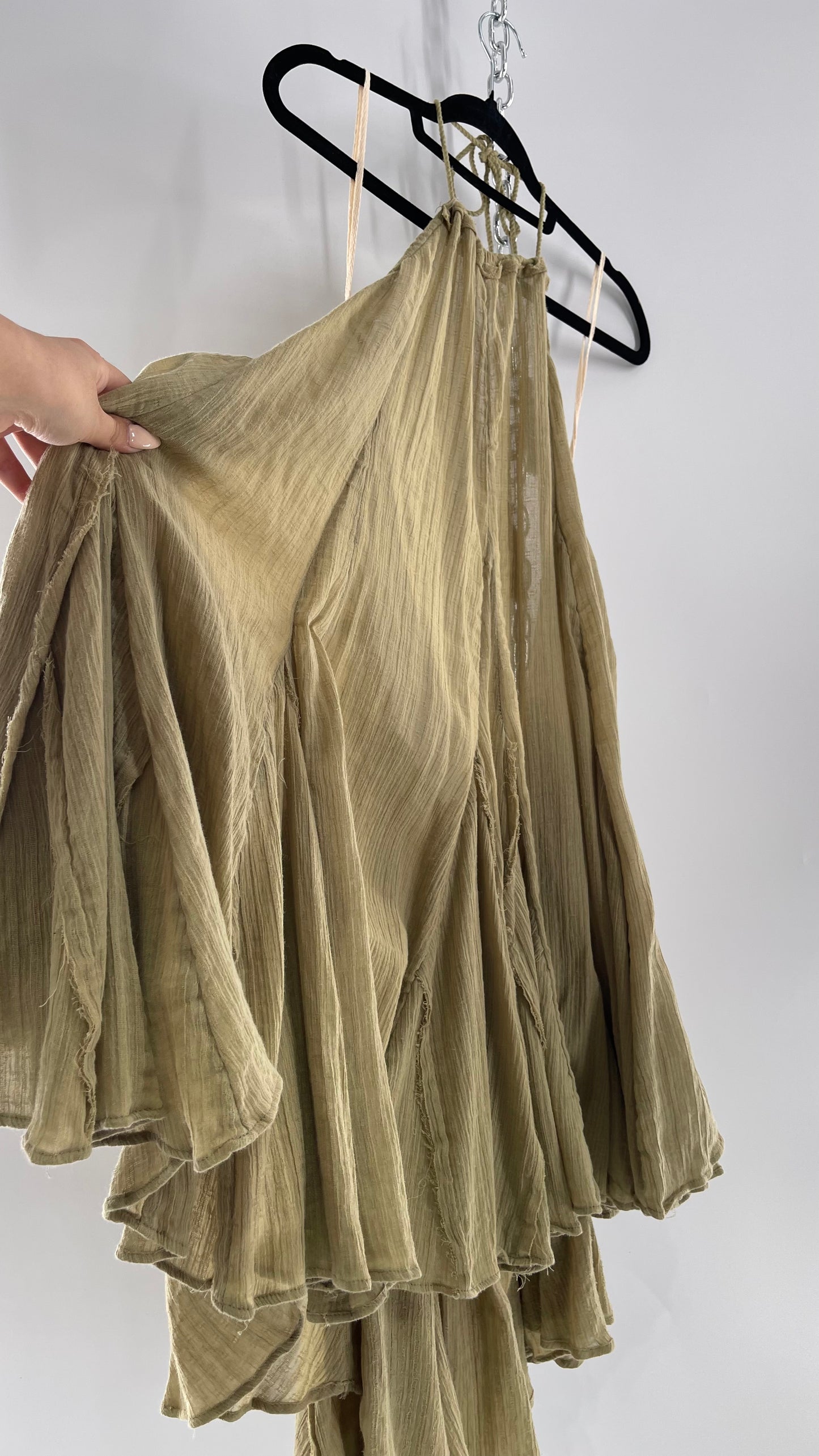 Free People Olive Sage Gauze/Cotton Halter Backless Dress (M)