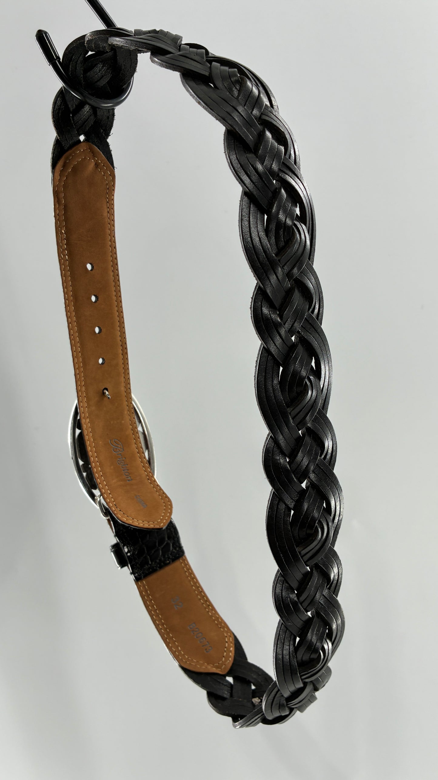 Brighton Black Leather Braided Belt with Oversized Silver Buckle (32)
