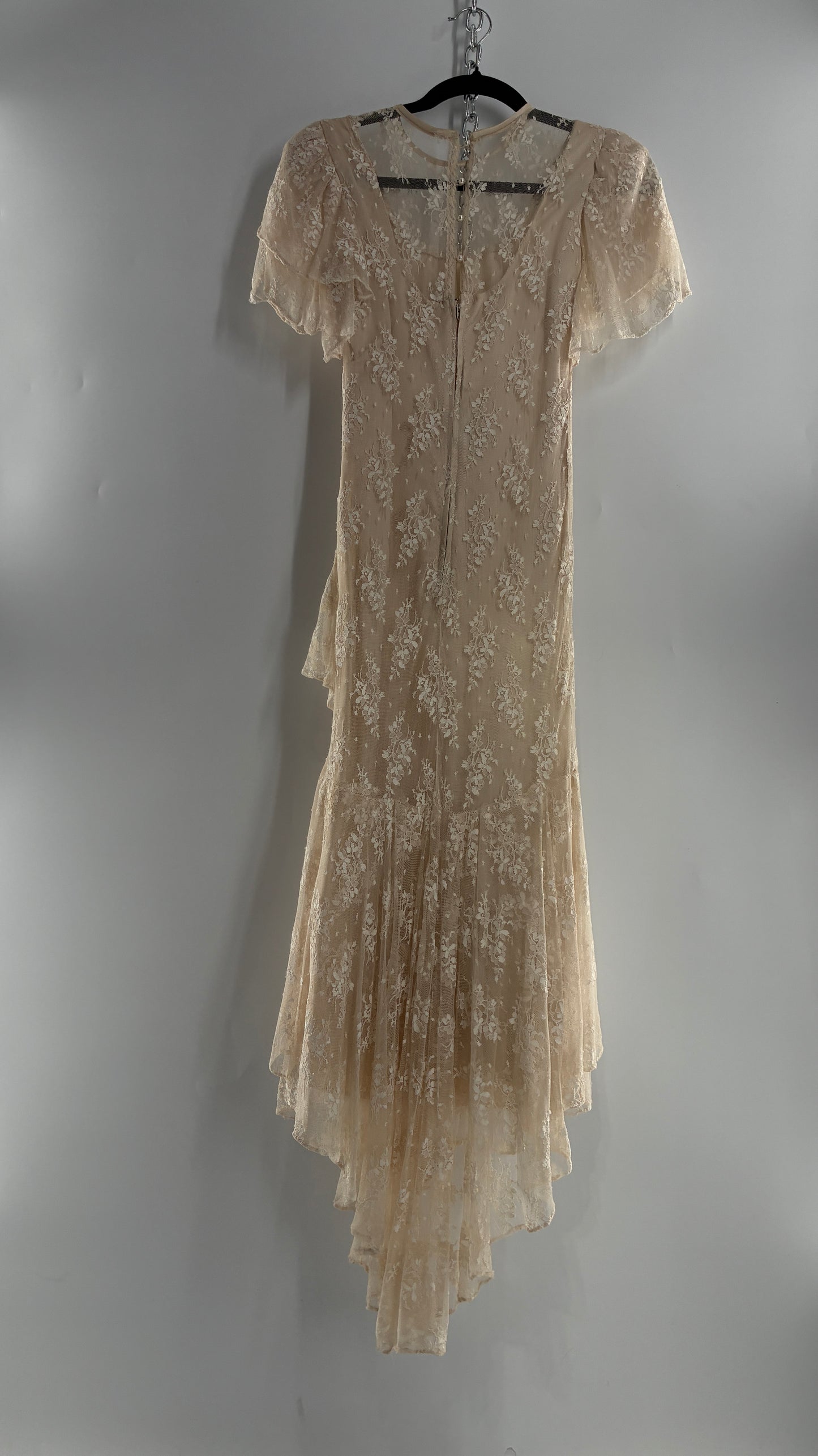 Vintage Ivory Lace Gown with Petal Sleeves, Tiered Hemline (5/6)