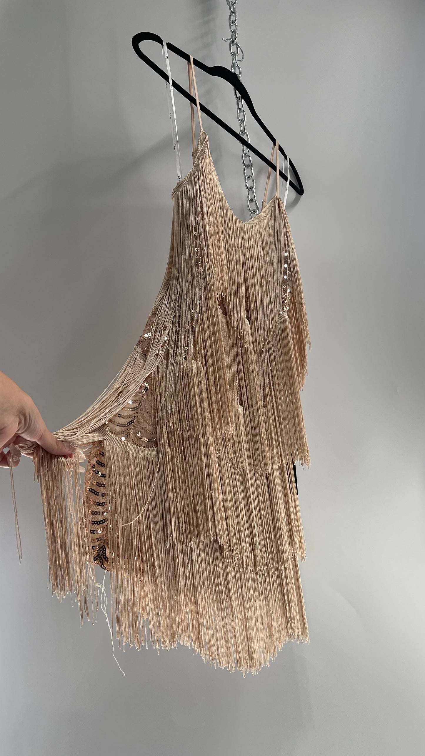 Lulu’s Get in the Groove Fringe Tassel Champagne Mini Dress with Sequin Lining with Tags Attached (Small)