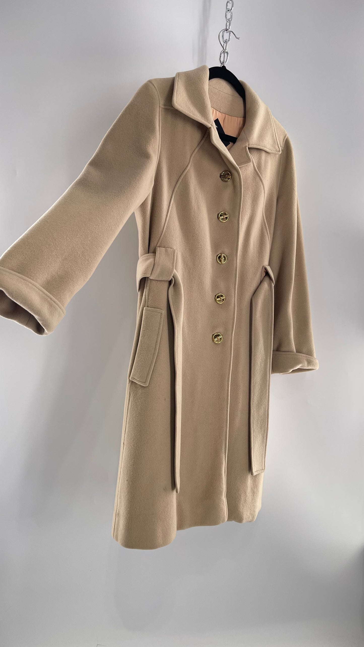 Vintage 100% Amicale Cashmere Beige Cream Coat with Apricot Satin Lining (C) (S/M)