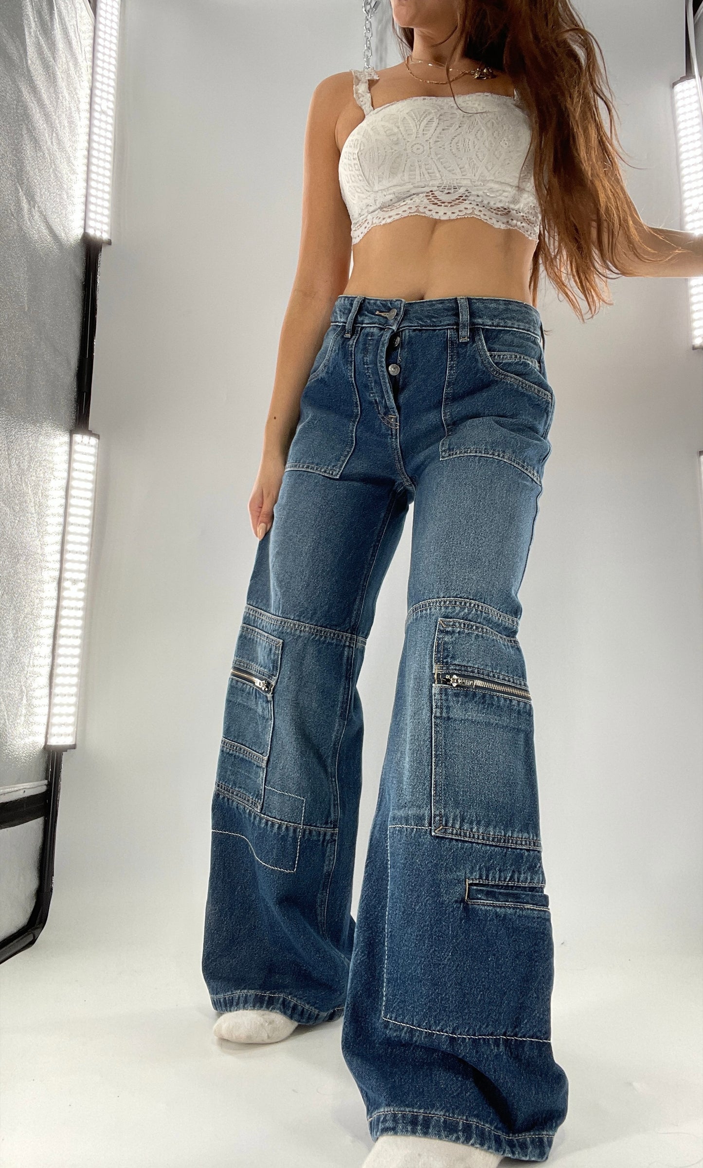 Free People Medium Wash Baggy Straight Legs Jeans Covered in Zippers, Pockets, Stitching (28)