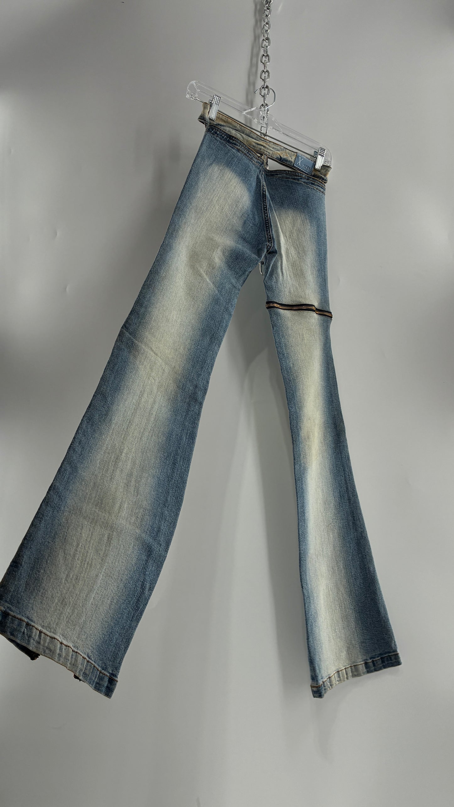 Vintage XCESO JEANS Rare Faded Double Waistband Kickflare Jeans with Functional Zipper Details (Medium*)