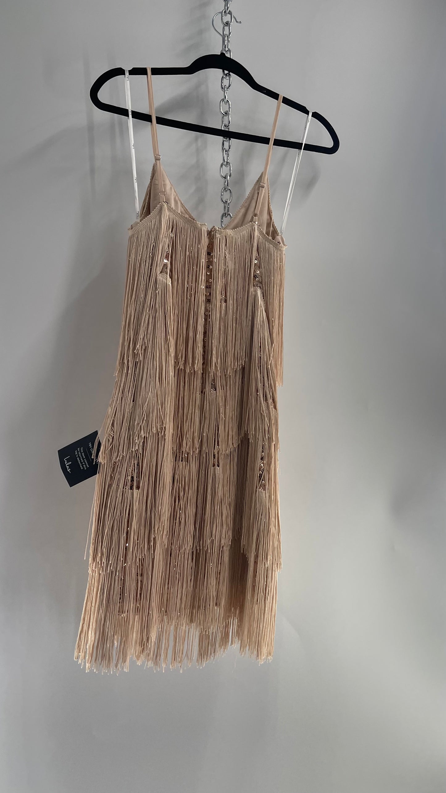 Lulu’s Get in the Groove Fringe Tassel Champagne Mini Dress with Sequin Lining with Tags Attached (Small)