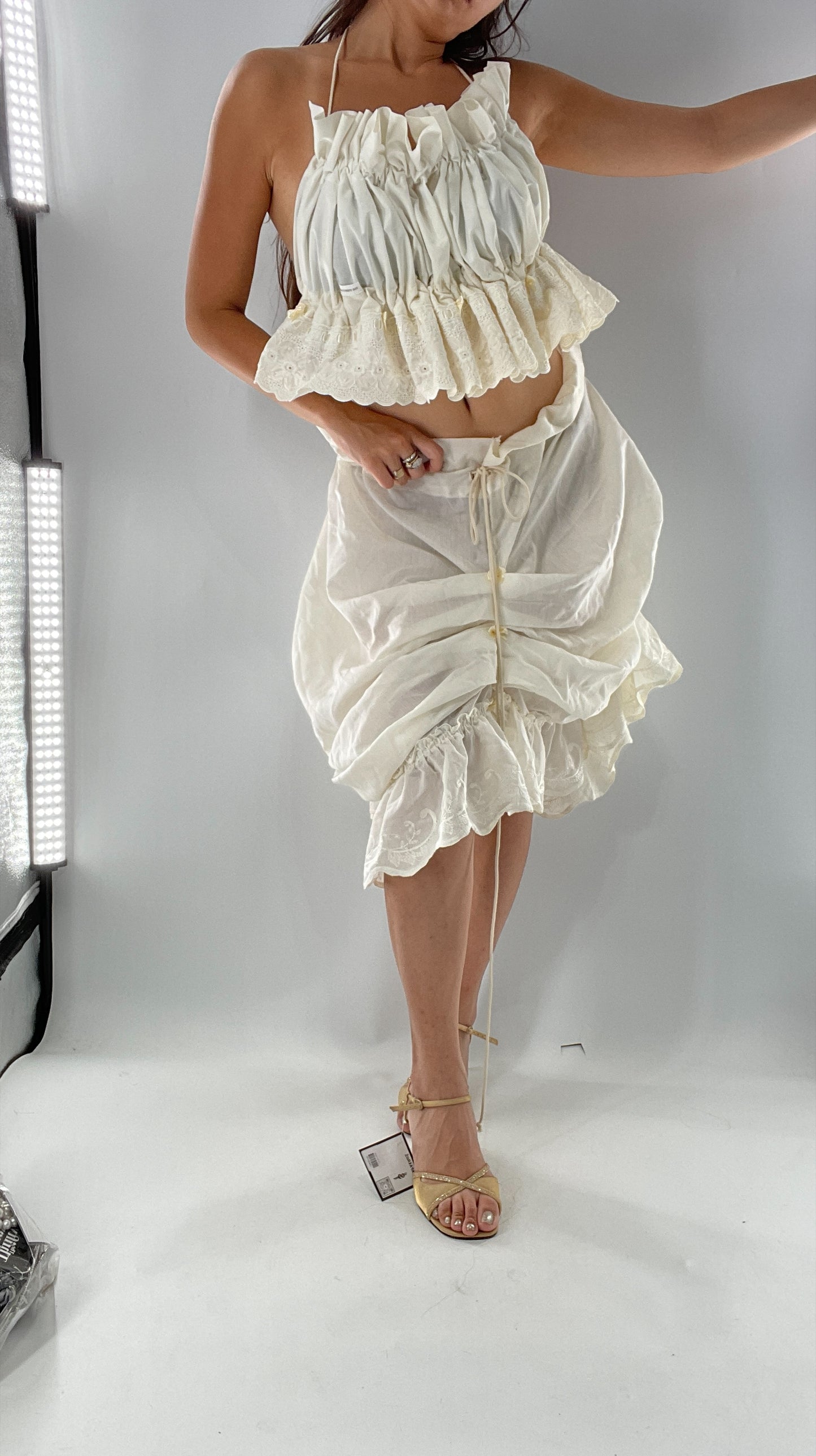 Custom Vintage Cottage Off White Set with Ruched/Scalloped Lace/Backless Top and Draping/Ribbon Skirt (One Size)