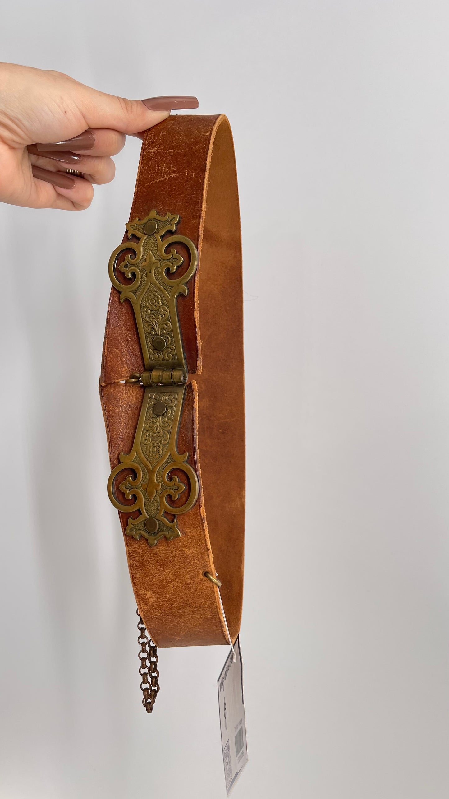 Vintage Antique Leather Waist Belt with Engraved Brass Brackets and Pin Closure (XS/S)