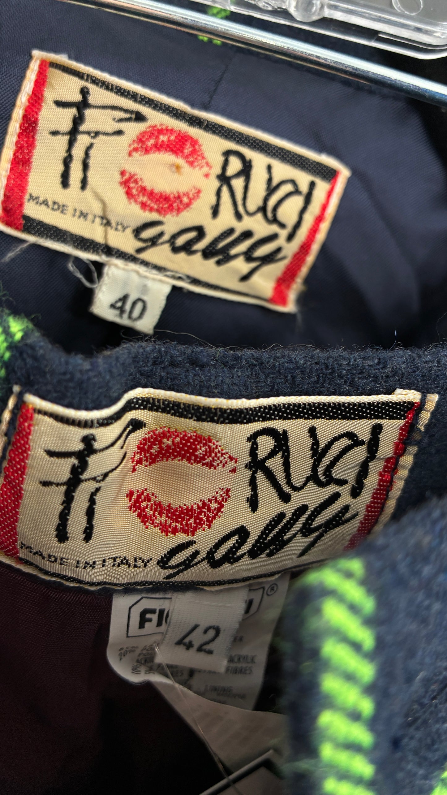 Vintage FIORUCCI GANG Navy and Neon Green Plaid Suit Set with Cropped Blazer and Mini Skirt (40,42)