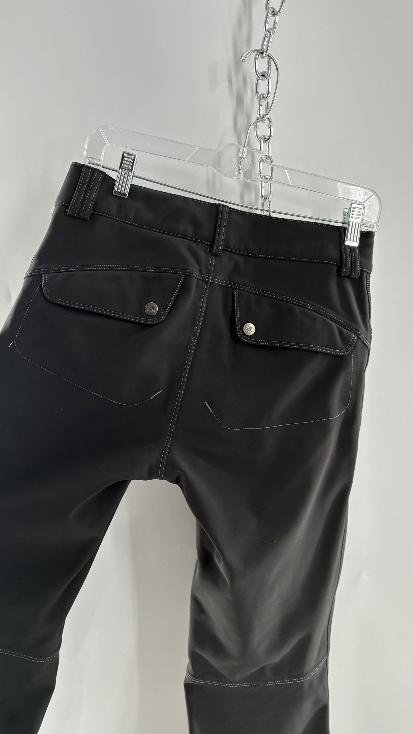 Vintage North Face Dark Gray, Low Rise, Kick Flare Pants with Contrast Stitching, Side Closure and Oversized Bum Pockets (Small)