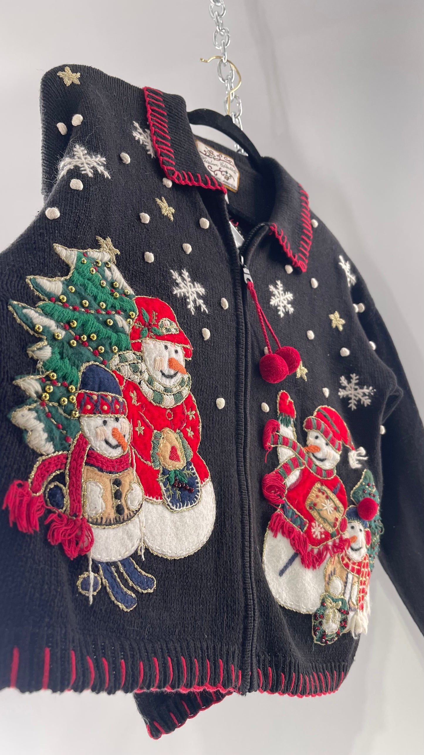 Vintage Reworked Urban Outfitters Heirloom Christmas Cardigan with Festive Snowmen Embroidery, Snowflakes, Christmas Tree and PomPom Zipper Detail (S)