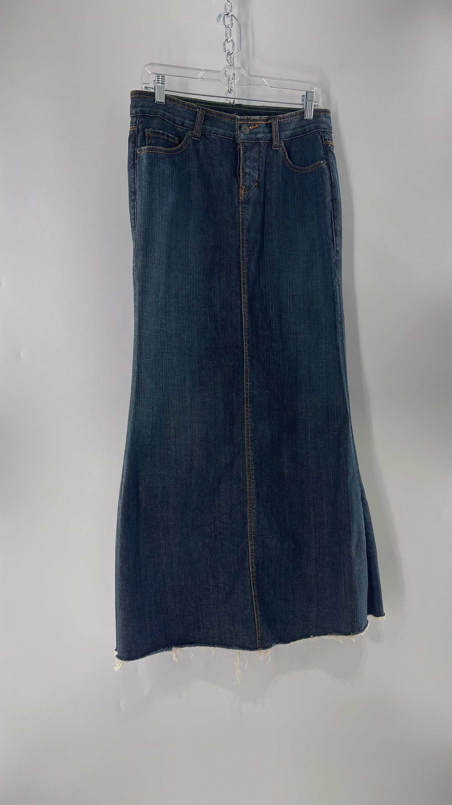 Vintage Stonewash Bebe Denim Long Skirt with Raw Edge Hem and Beaded Back Pocket Detail (27)