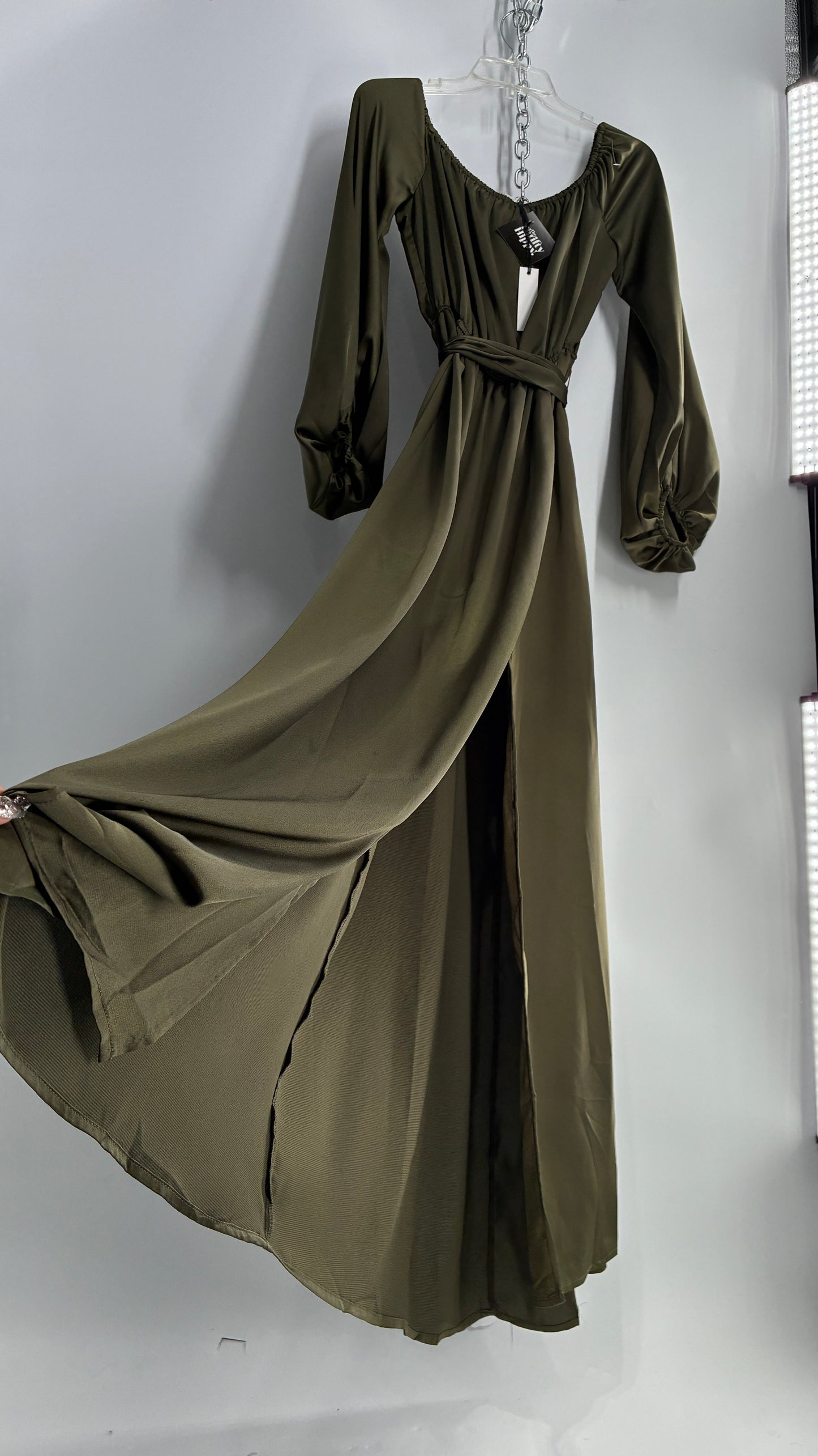 Dress Day Army Green Silky Balloon Sleeve Full Length Gown with Slit and Tags Attached (Medium)
