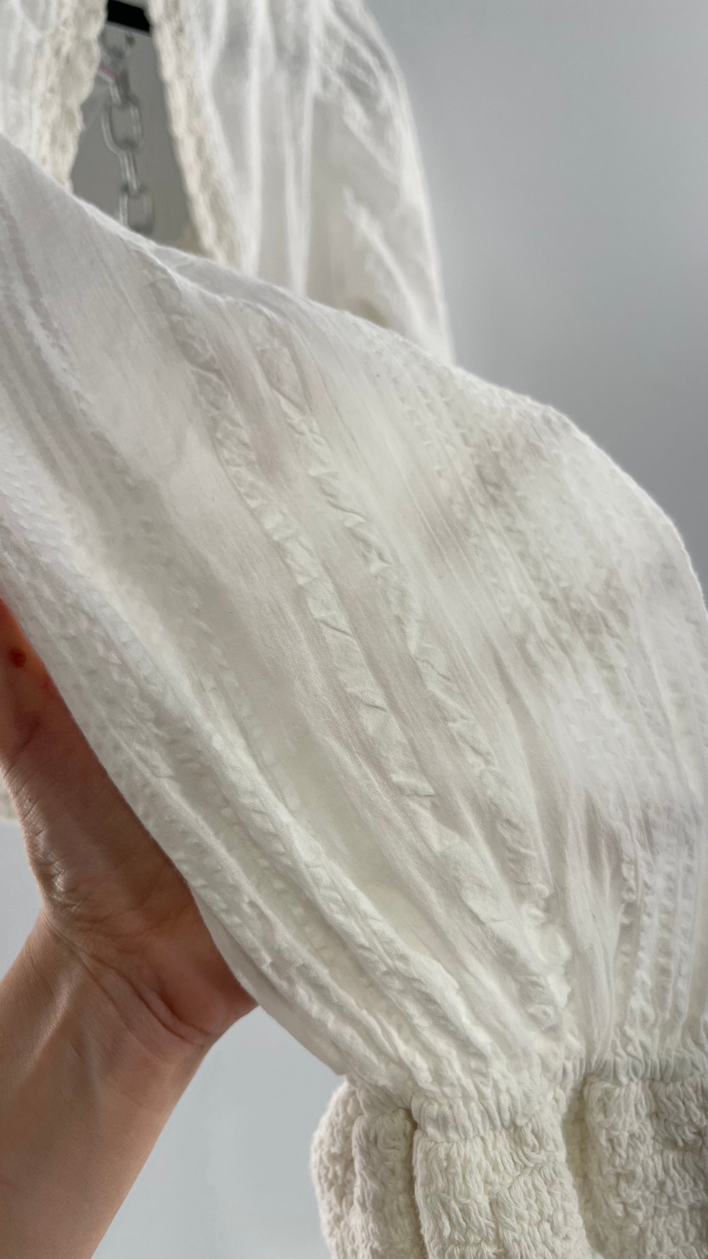 Free People White Megan Blouse with Crochet Knit Bodice and Open Back (XS)