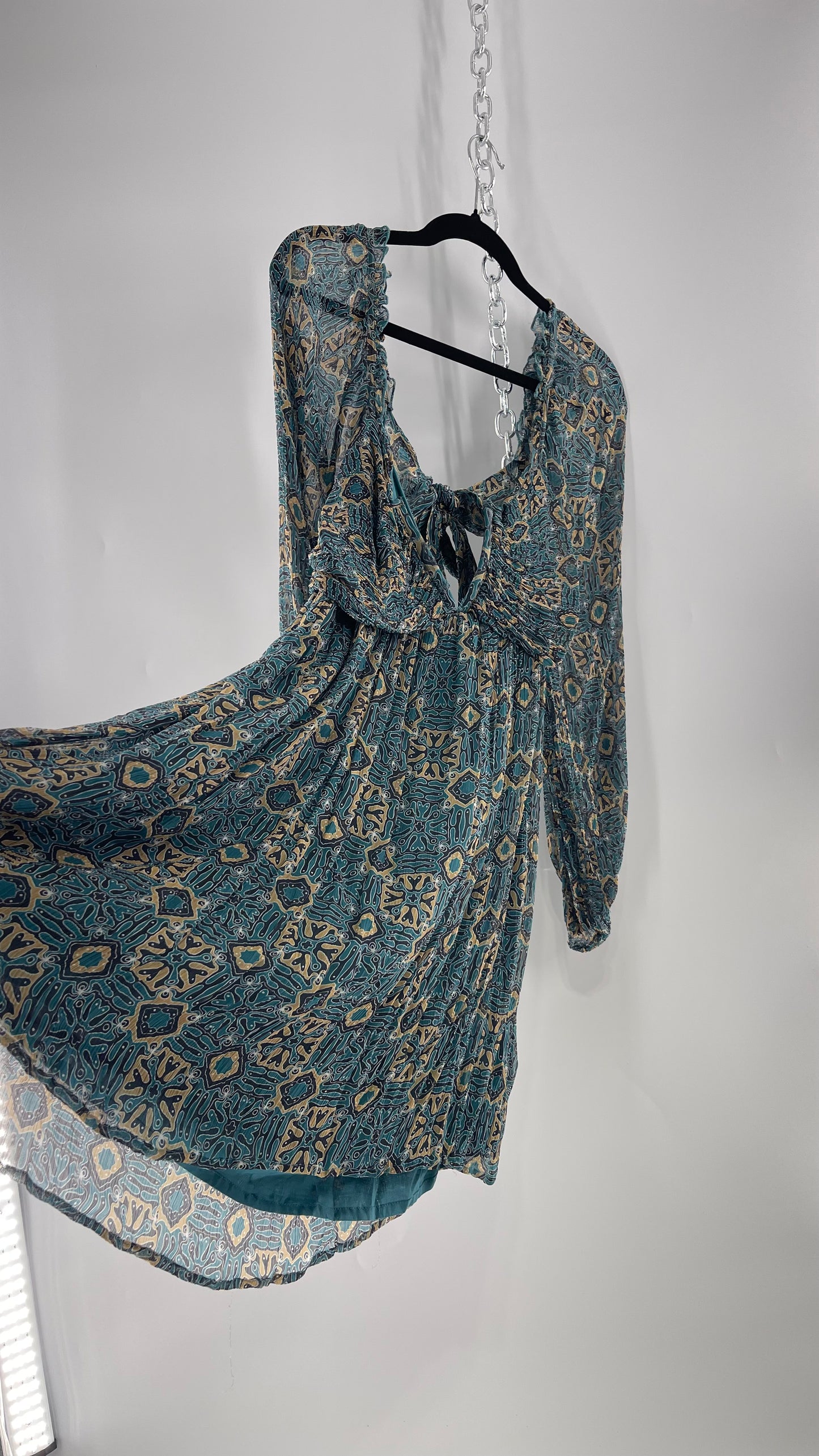 Let Me Be Crimped Balloon Sleeve Mini Dress with Wired Bust and Tie/Open Back Detail with Tags Attached (Medium)