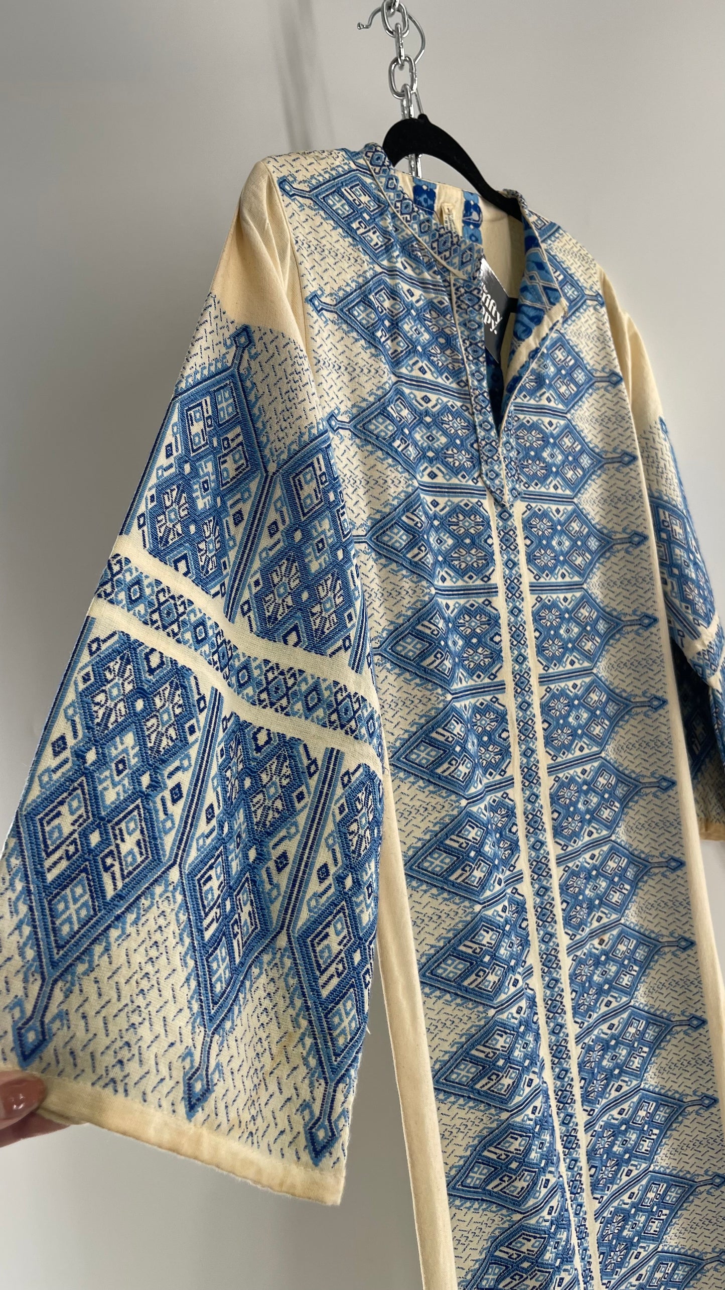 Vintage Pericles 1970s Wool Blend Off White Tunic Gown with Blue Needlepoint Embroidery